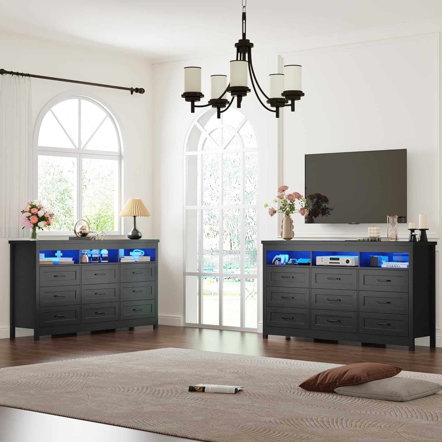 Blotout 63'' LED Farmhouse TV Stand for 70/75in TV, Dresser TV Stand with Power Outlet, 35.4'' Tall Entertainment Center with 3 Storage, Large Media Console Cabinet for Living Room, Bedroom