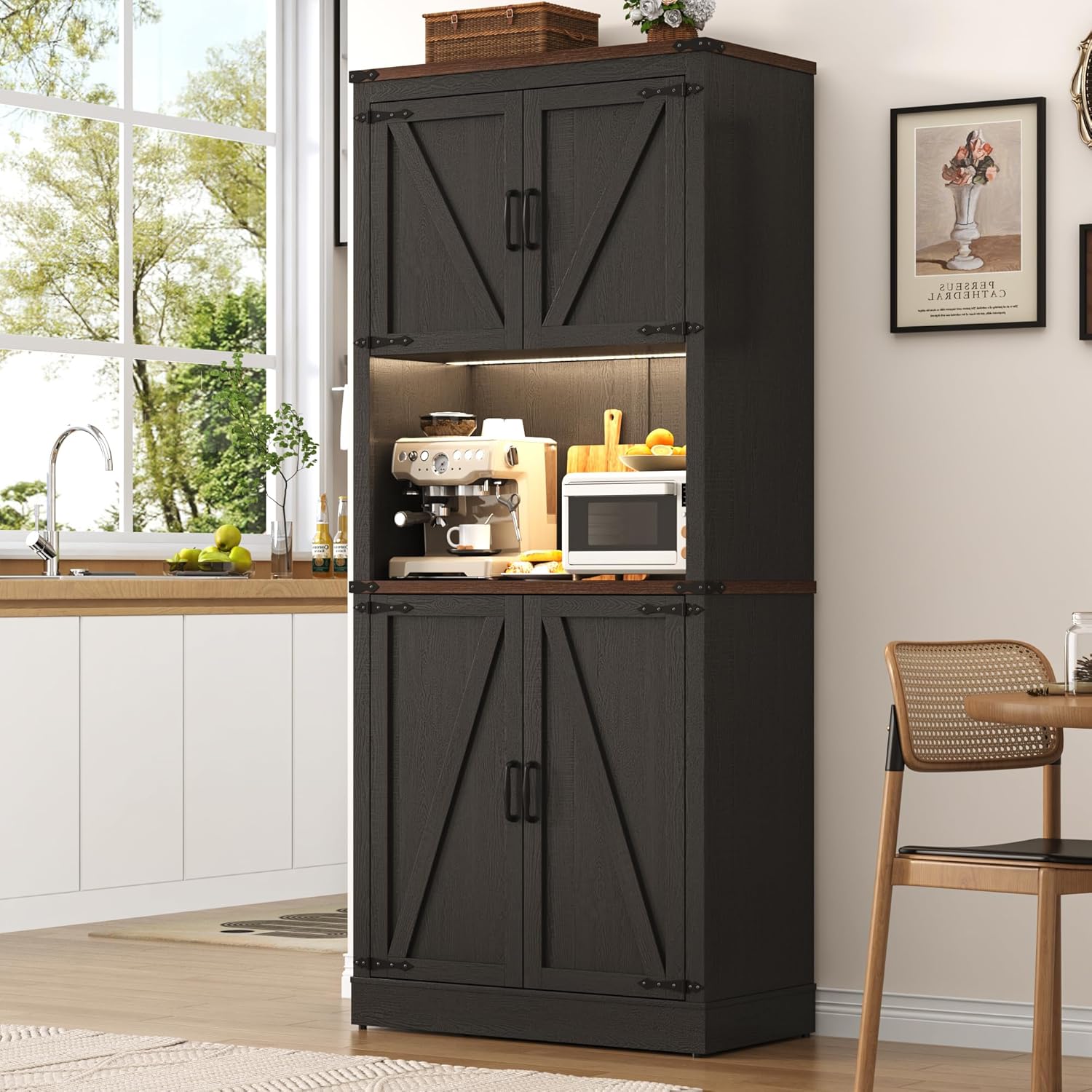 Tall Farmhouse Kitchen Pantry Cabinet with 10 Side Shelves and LED Light&Power Outlet,5 Layers Pantry Storage Cabinet with Barn Doors&Load-Bearing Steel Pipe for Dining Room,Living Room