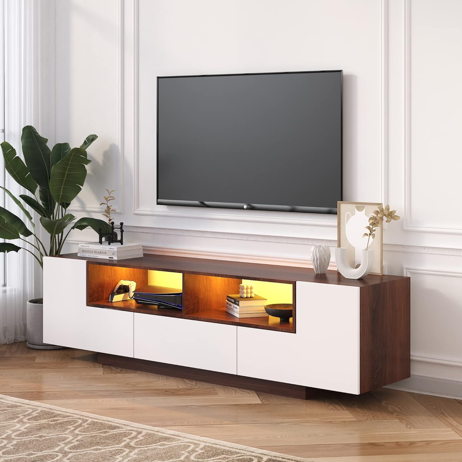 70 Inch LED TV Stand for 75 Inch TV, Large Entertainment Center with Storage Cabinets and Open Shelves, Modern TV Console for Living Room, Bedroom(Walnut& White)