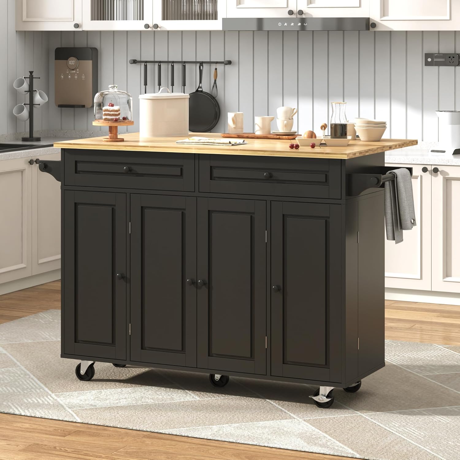 Blotout 55" Rolling Kitchen Island Cart with Drop Leaf Breakfast Bar, Rubber Wood Top – on Wheels with Drawer, Storage Cabinet, Spice & Towel Rack