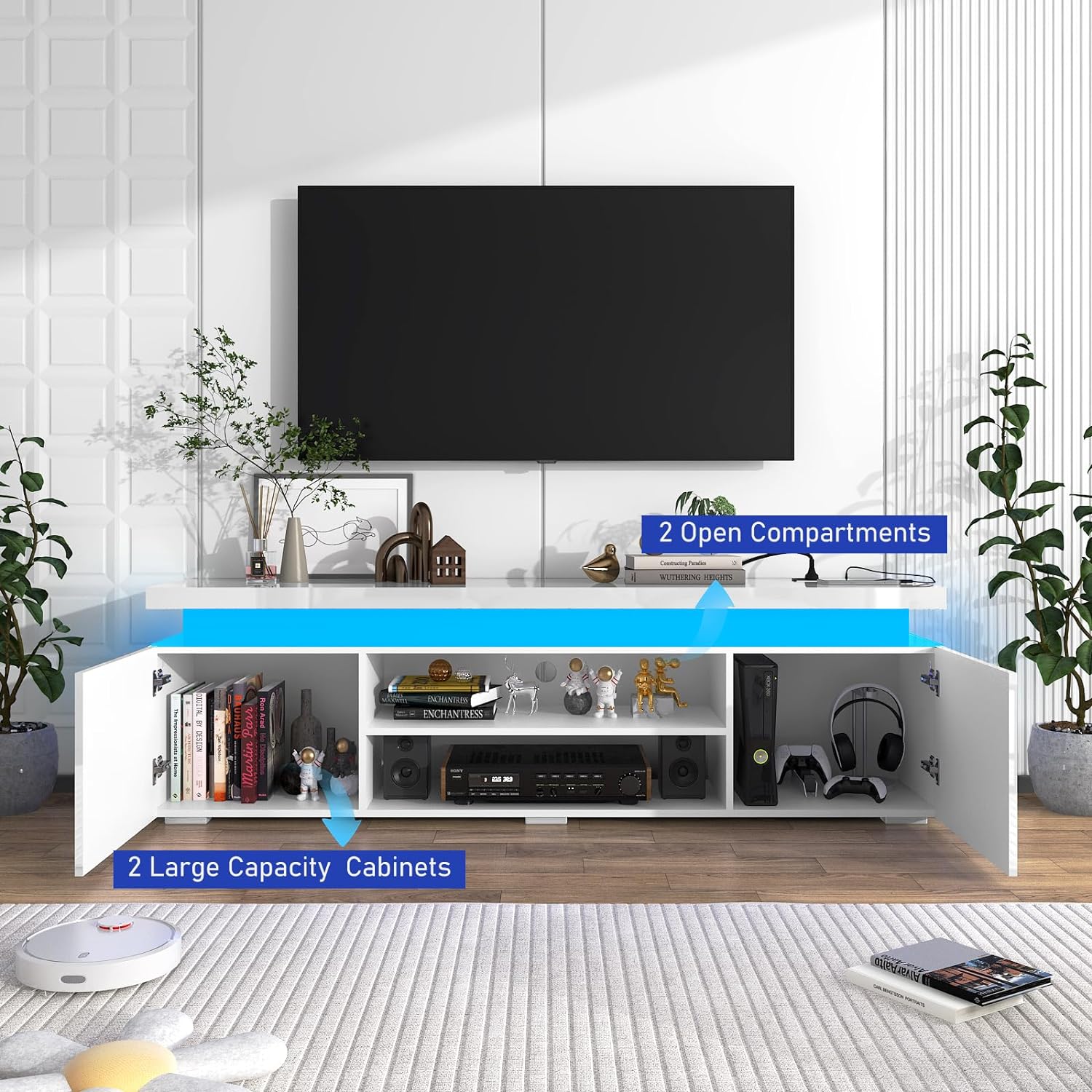 Blotout LED TV Stand for 75 Inch TV, Modern TV Stand with Power Outlet, High Gloss TV Console Entertainment Center with Storage and LED Lights for Living Room, Bedroom (75 Inch, White)