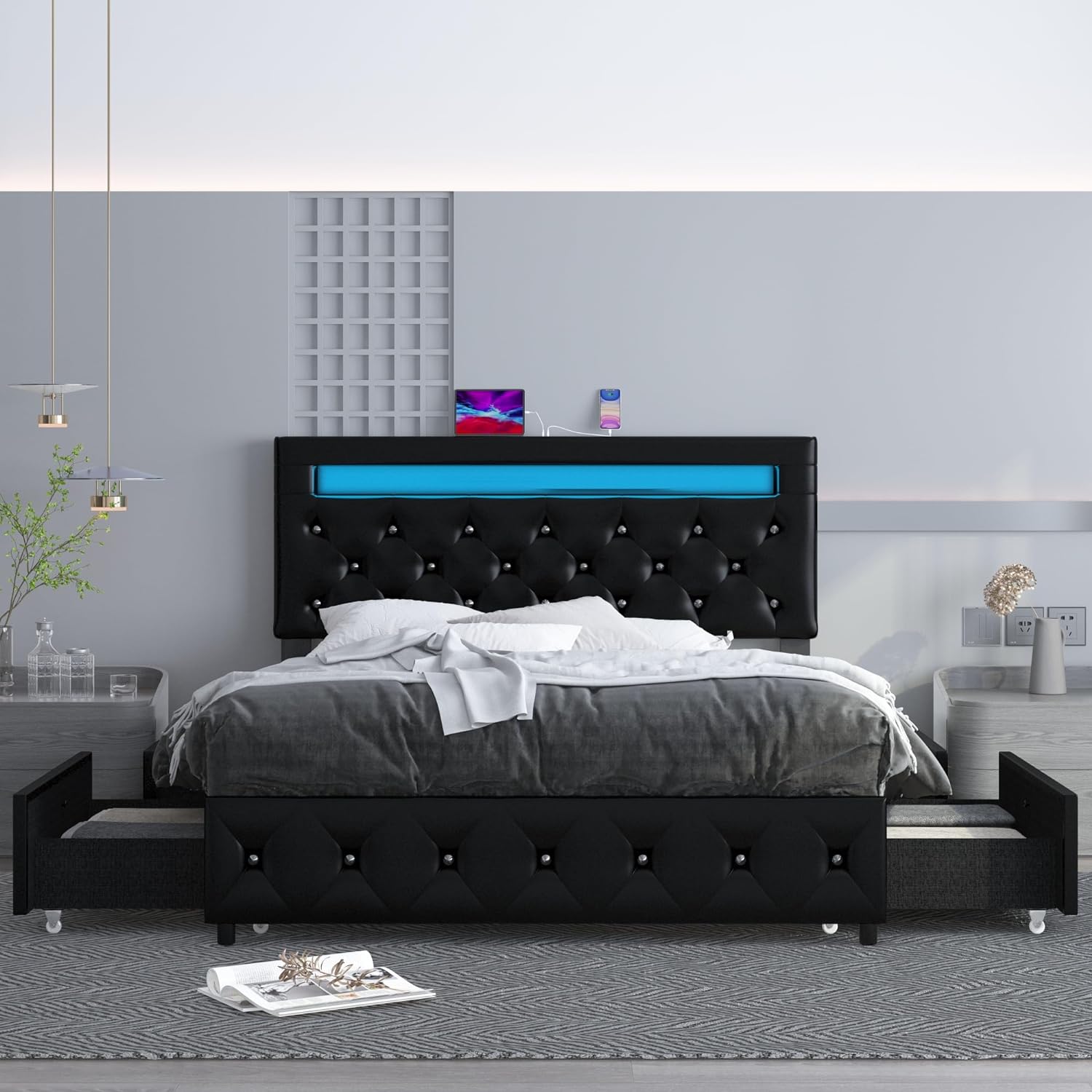 Full Upholstered LED Bed Frame with 4 Storage Drawers & USB Ports, Faux Leather Platform Bed Frame with Adjustable Crystal Button Tufted Headboard, No Box Spring Needed, Easy Assembly, Black