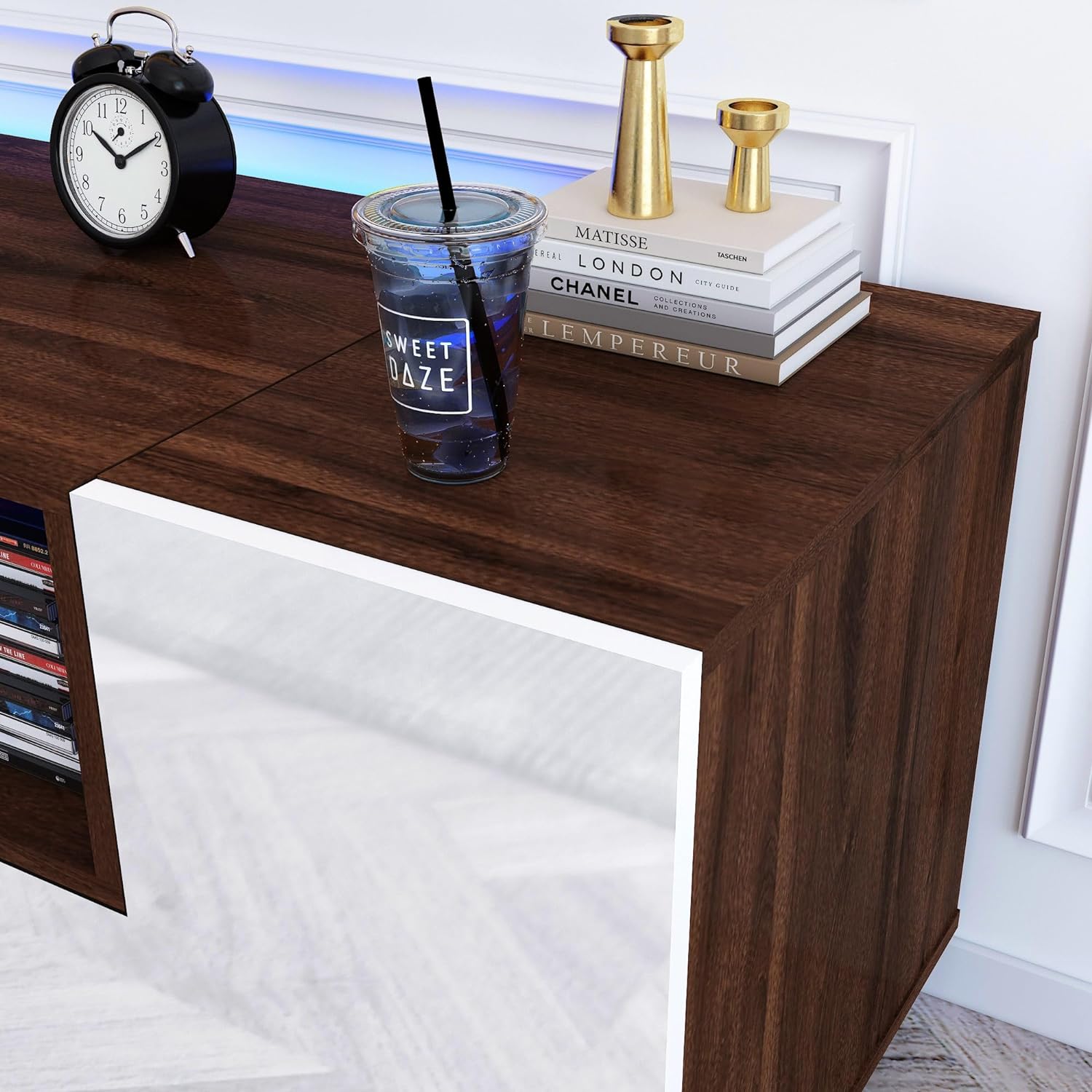 Modern LED TV Stand for 75 Inch TV, 70" Entertainment Center with Storage Cabinets and Open Shelves, High Gloss TV Console Table for Living Room and Bedroom (Black& Marble)