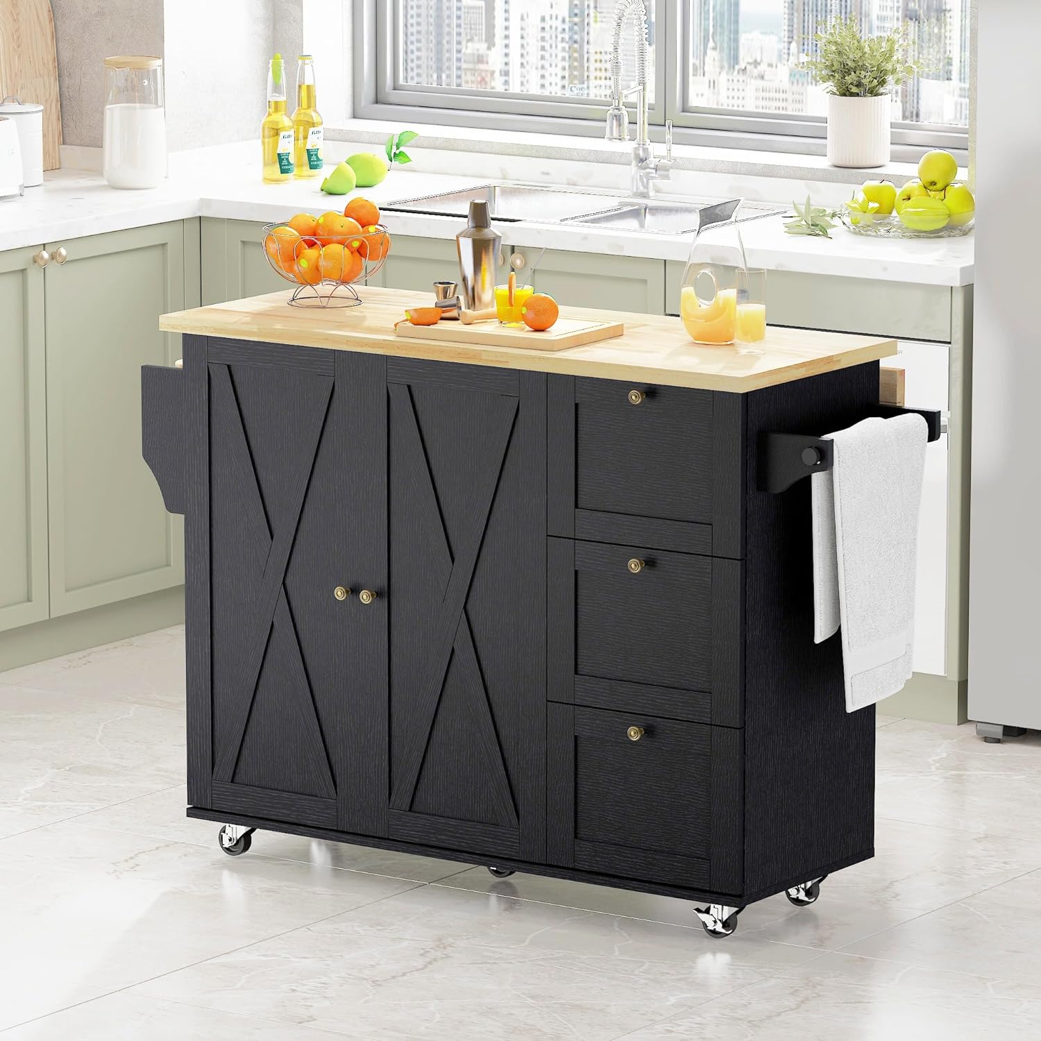Kitchen Island Cart with Solid Wood Top and Drop Leaf, Rolling Mobile Kitchen Island Table on Wheels with Drawer and Spice Rack, Towel Rack(Black)
