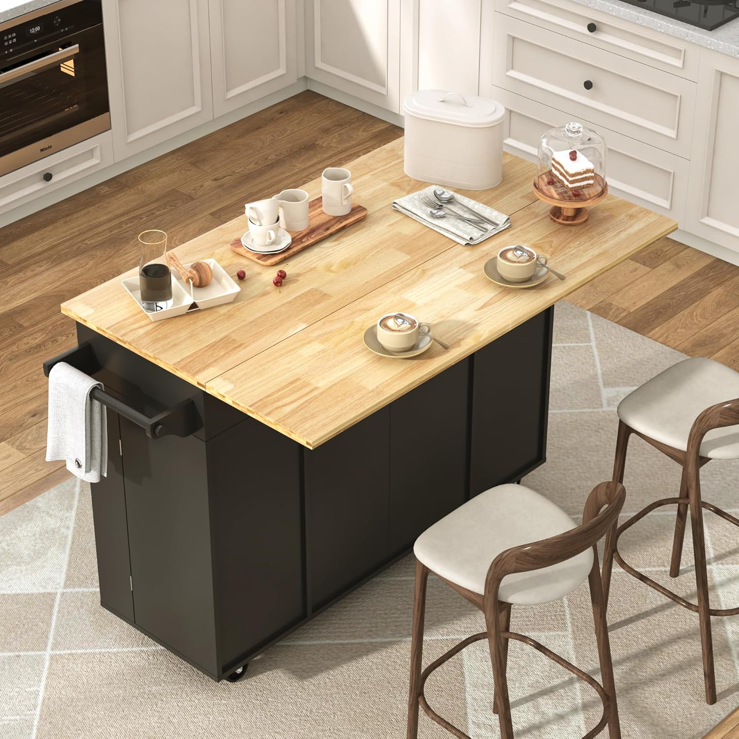 Blotout 55" Rolling Kitchen Island Cart with Drop Leaf Breakfast Bar, Rubber Wood Top – on Wheels with Drawer, Storage Cabinet, Spice & Towel Rack