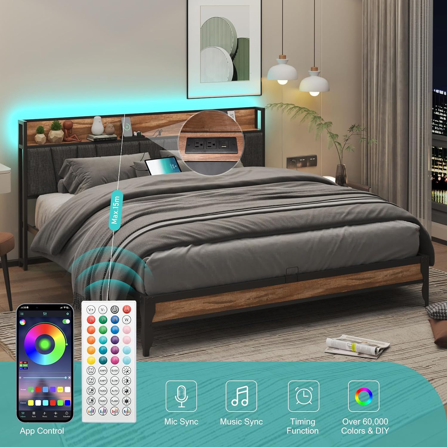 Blotout LED Full Size Bed Frame with Outlets & USB/Type-C Port and Storage Headboard, Metal Platform Bed with Charging Station and for Bedroom, No Box Spring Needed, Rustic Brown