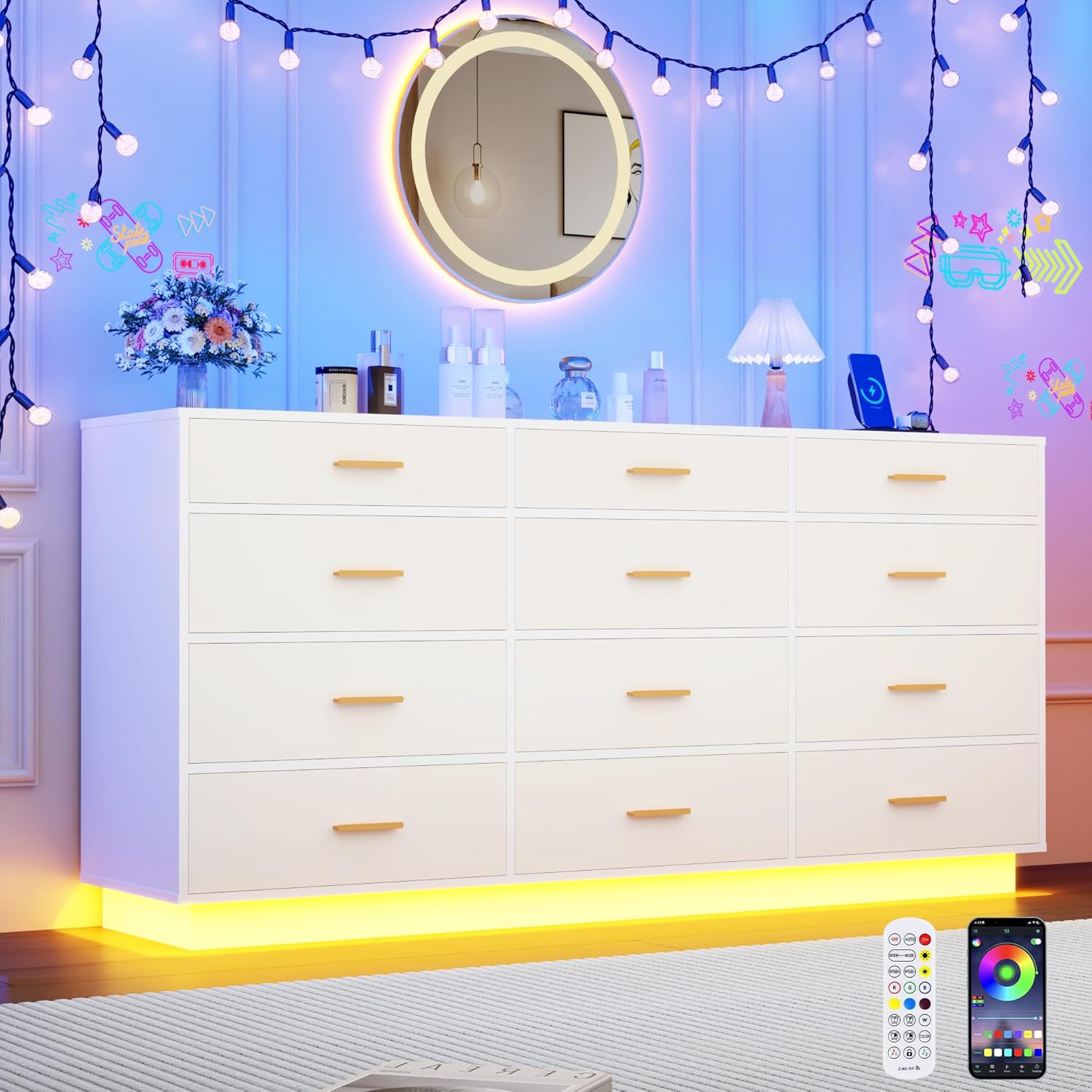 Blotout 12 Drawers Dresser w/Power Outlet, 60000 Colors Lights, 63''Long Wooden Dresser Chest w/Anti-toppling Design, Metal Handles Dresser for Living Room, Hallway, Entryway, Bedroom