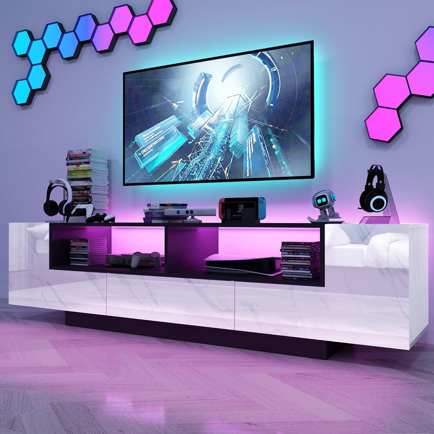 Modern LED TV Stand for 75 Inch TV, 70" Entertainment Center with Storage Cabinets and Open Shelves, High Gloss TV Console Table for Living Room and Bedroom (Black& Marble)