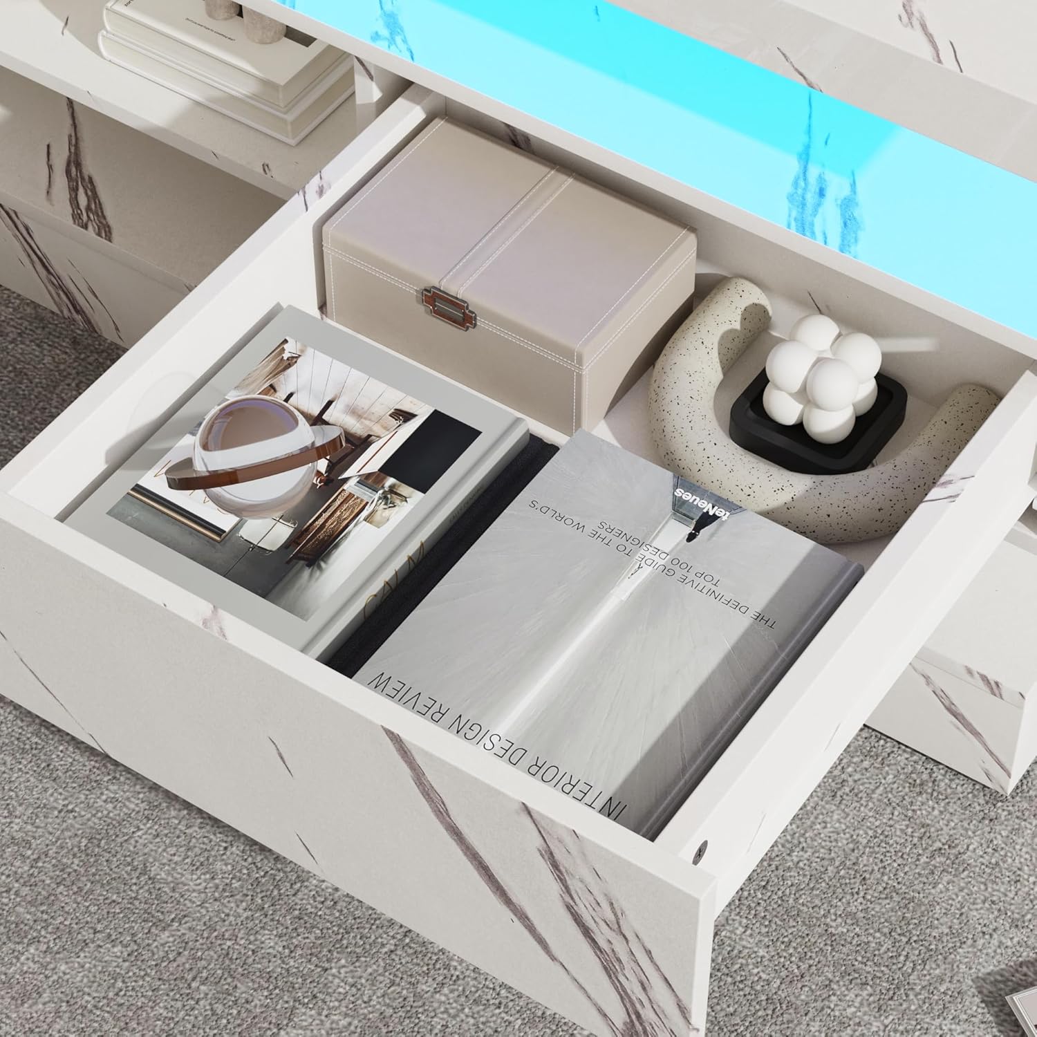 Blotout Large Modern High Glossy LED Coffee Table with 2 Storage Drawers, 3 Tiers-Layer Center Tables w/60,000 Colors LED Lights/Marbling Print for Livings Room