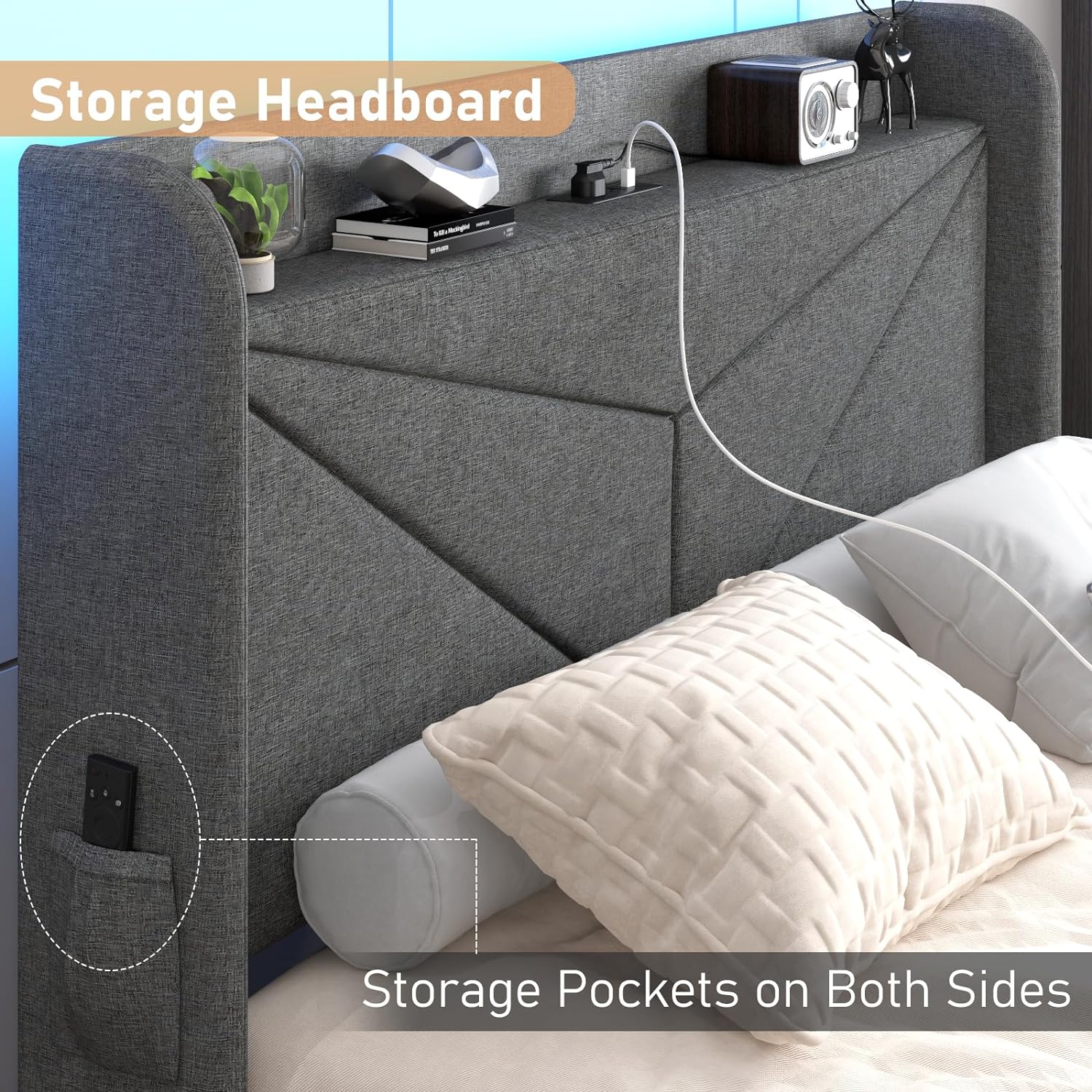 LED Bed Frame with Powet Outlet Type-C & USB Ports & 4 Storage Drawers, Wingback