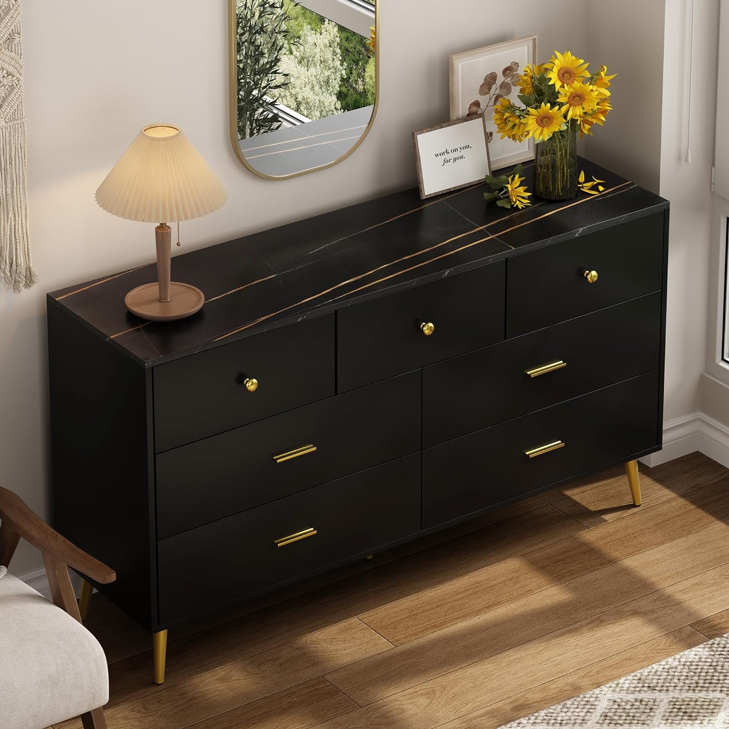 7 Drawer Dresser For Bedroom, 55-inch Marble and Gold Dresser Chest of Drawers Wood Bedroom Organizer