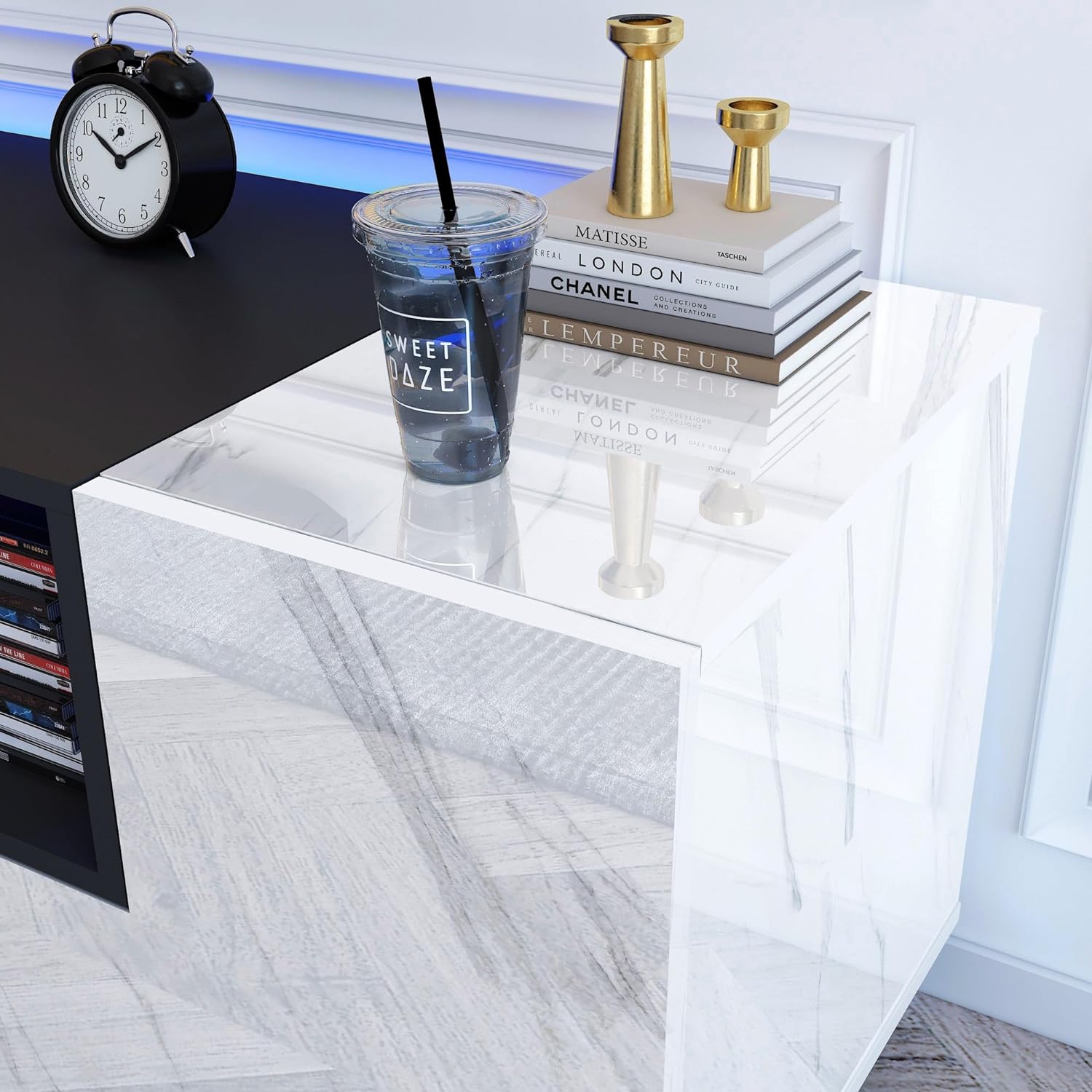 Modern LED TV Stand for 75 Inch TV, 70" Entertainment Center with Storage Cabinets and Open Shelves, High Gloss TV Console Table for Living Room and Bedroom (Black& Marble)