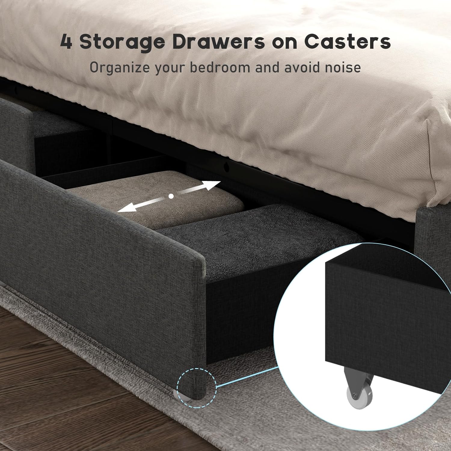 LED Bed Frame with Powet Outlet Type-C & USB Ports & 4 Storage Drawers, Wingback