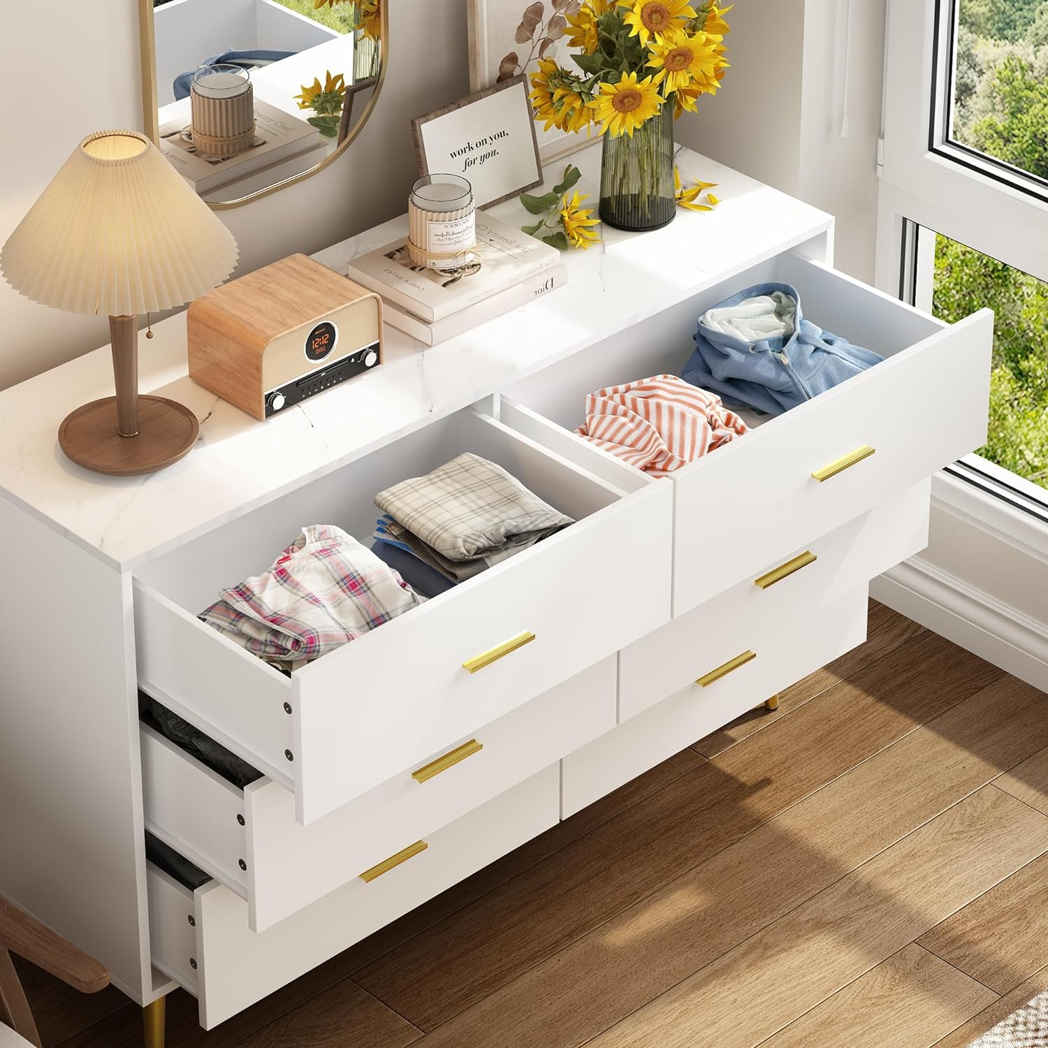 7 Drawer Dresser For Bedroom, 55-inch Marble and Gold Dresser Chest of Drawers Wood Bedroom Organizer