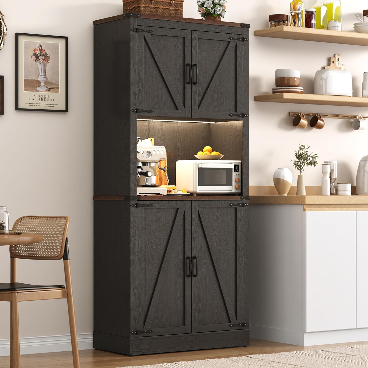 Tall Farmhouse Kitchen Pantry Cabinet with 10 Side Shelves and LED Light&Power Outlet,5 Layers Pantry Storage Cabinet with Barn Doors&Load-Bearing Steel Pipe for Dining Room,Living Room