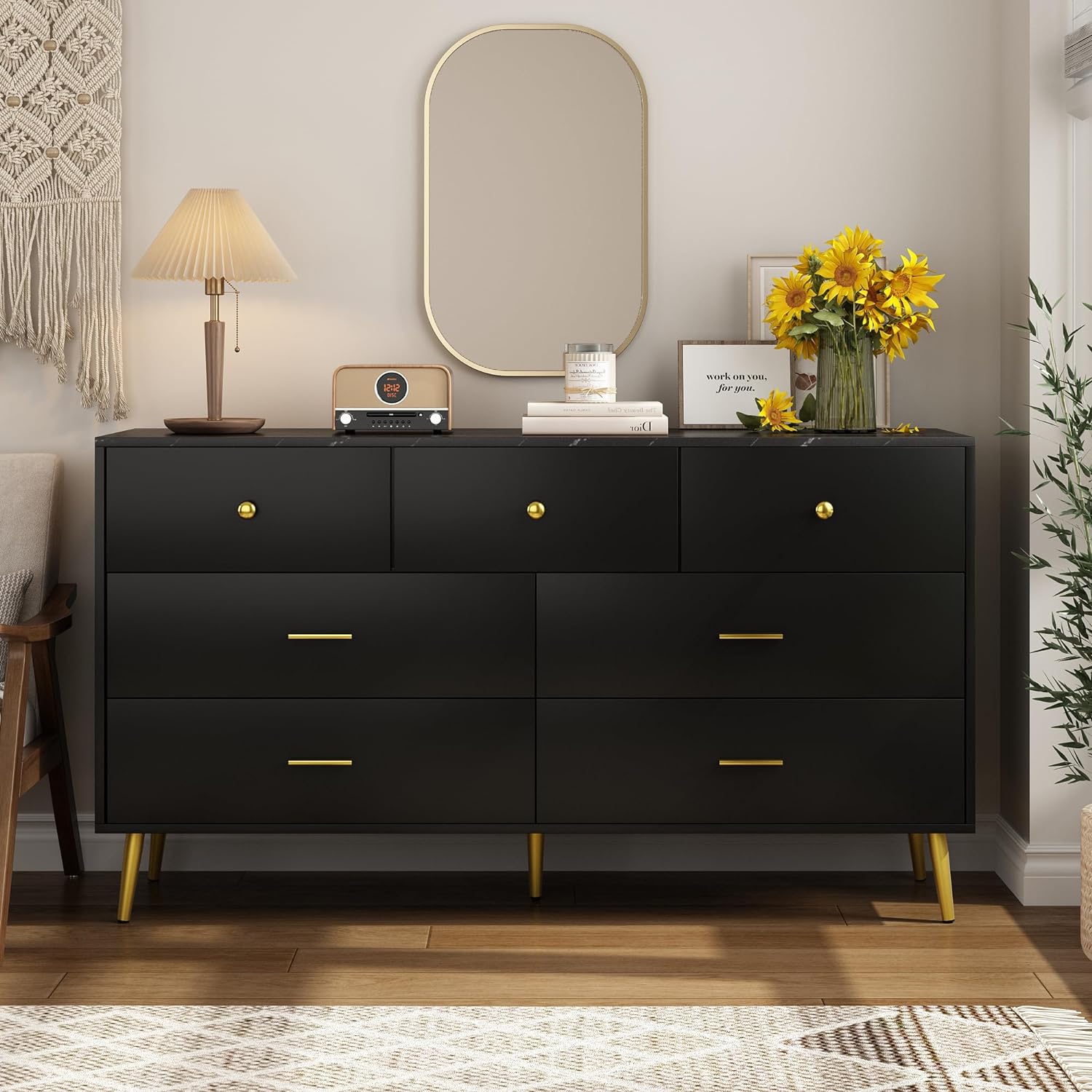 7 Drawer Dresser For Bedroom, 55-inch Marble and Gold Dresser Chest of Drawers Wood Bedroom Organizer