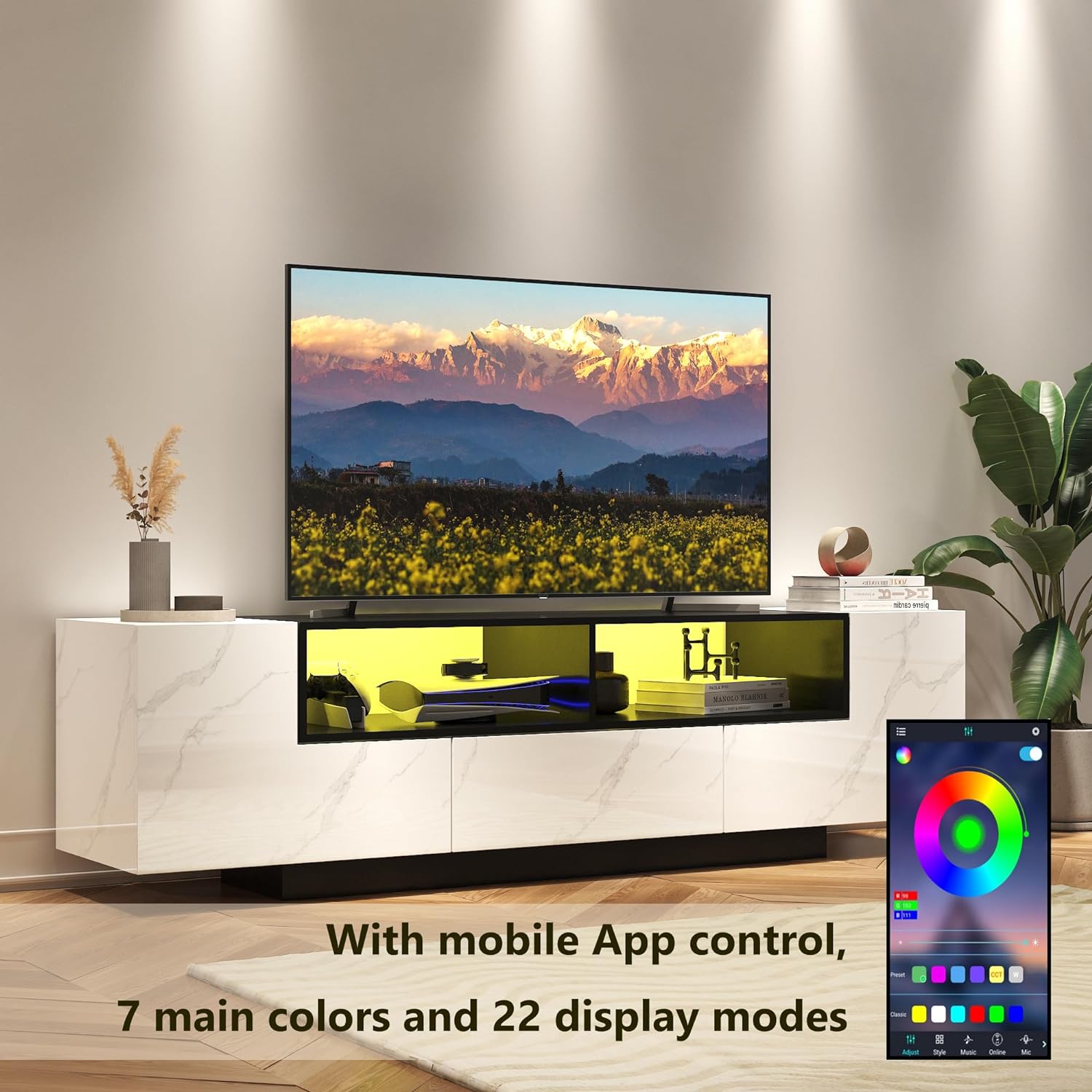 70 Inch LED TV Stand for 75 Inch TV, Large Entertainment Center with Storage Cabinets and Open Shelves, Modern TV Console for Living Room, Bedroom(Walnut& White)
