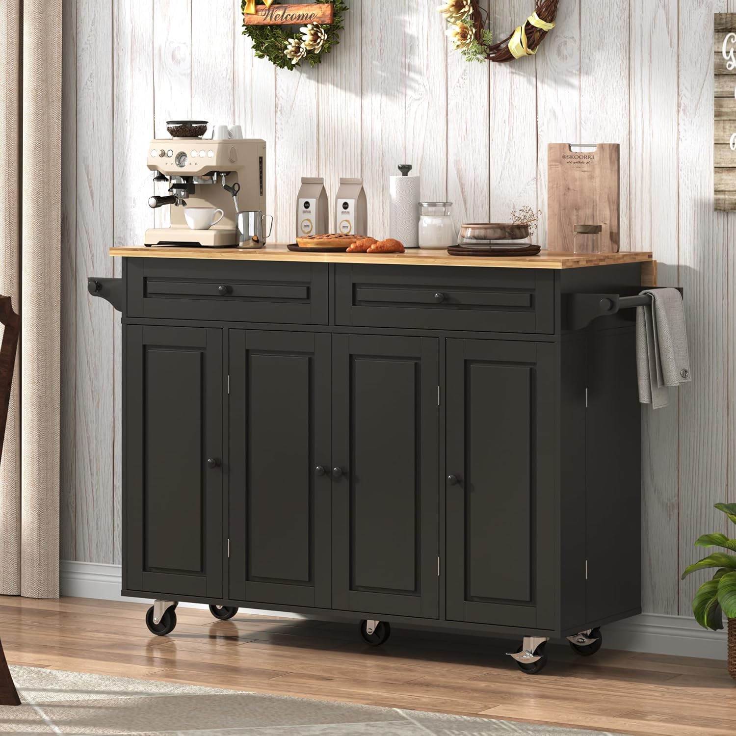 Blotout 55" Rolling Kitchen Island Cart with Drop Leaf Breakfast Bar, Rubber Wood Top – on Wheels with Drawer, Storage Cabinet, Spice & Towel Rack