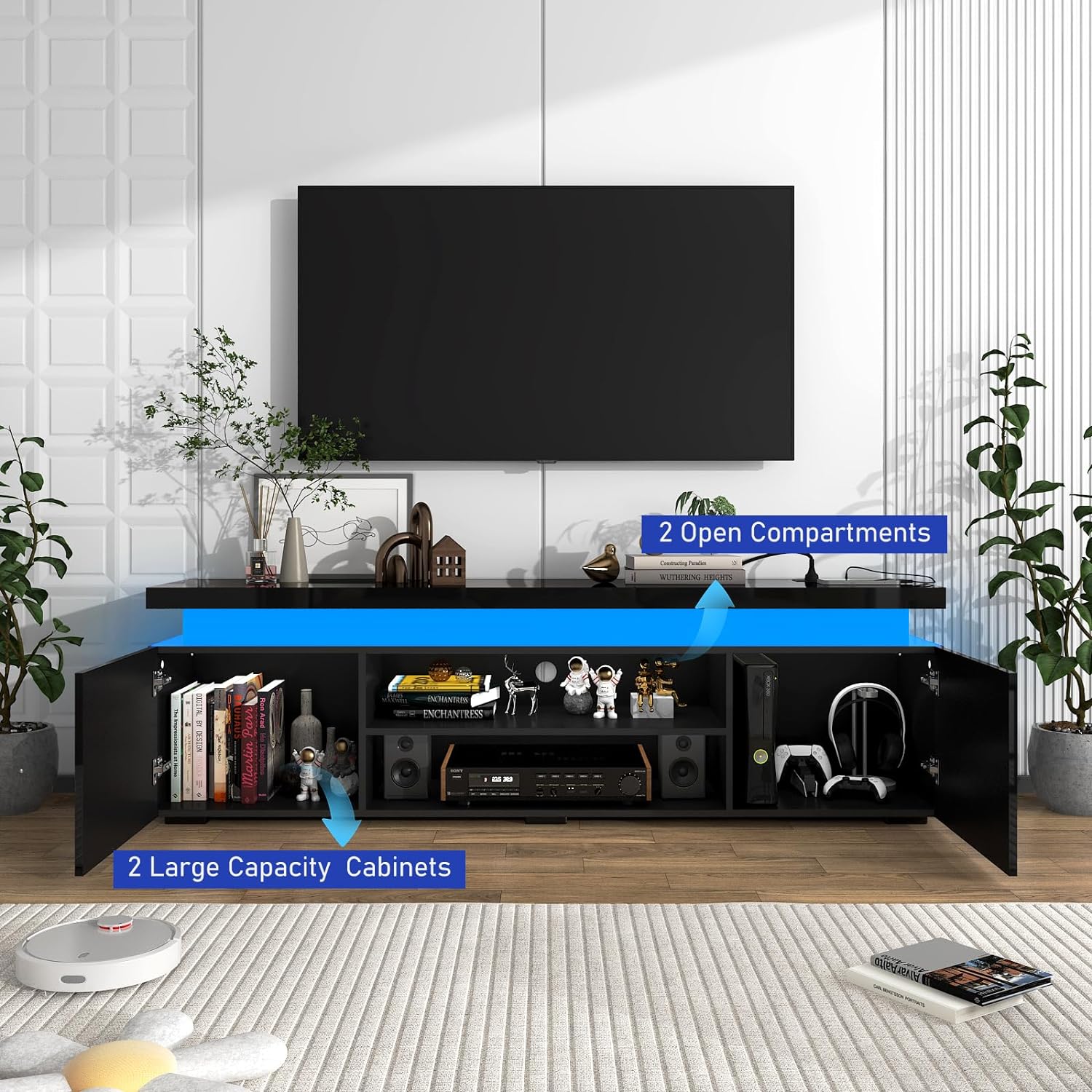 Blotout LED TV Stand for 75 Inch TV, Modern TV Stand with Power Outlet, High Gloss TV Console Entertainment Center with Storage and LED Lights for Living Room, Bedroom (66 Inch, White)