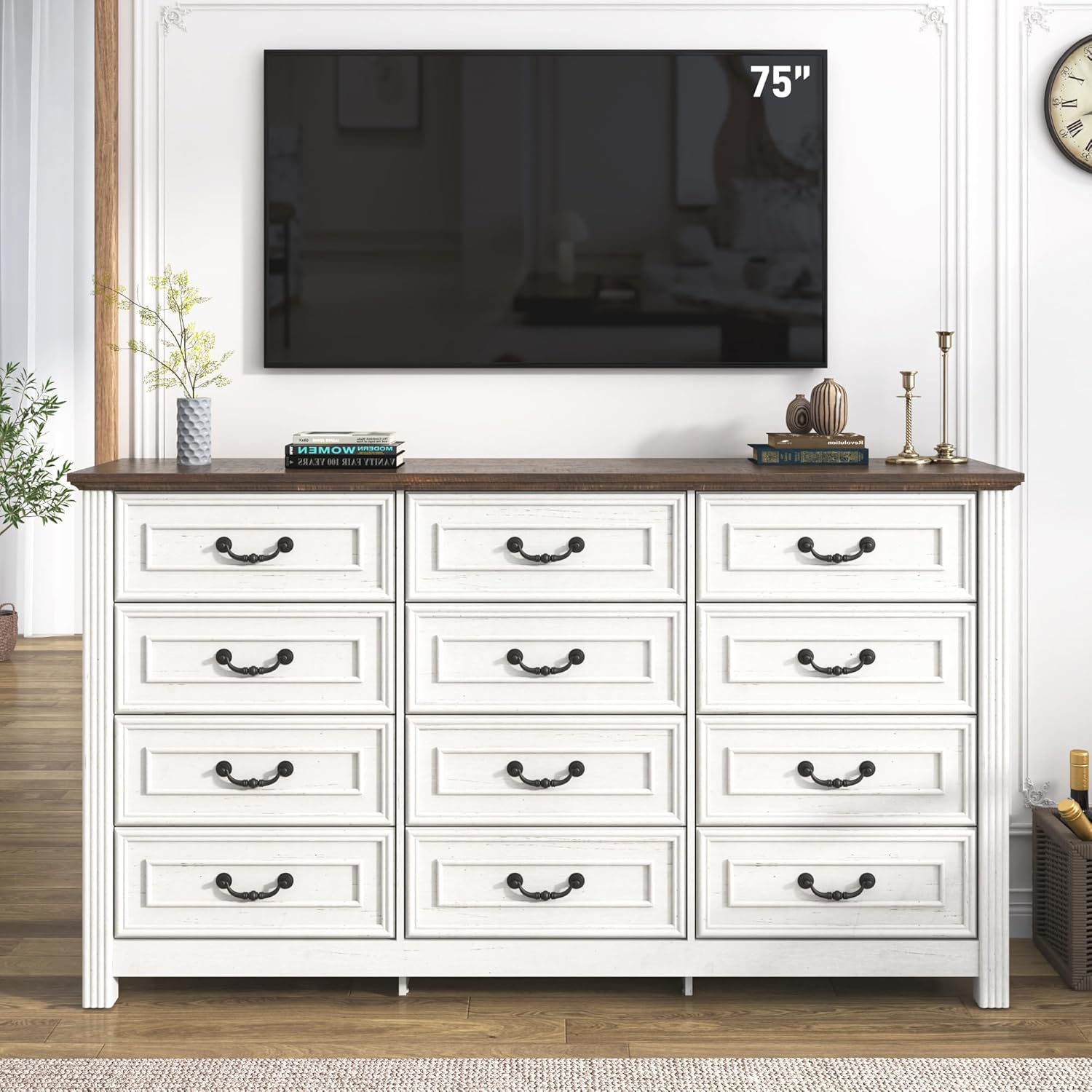 Blotout 63'' Farmhouse TV Stand for for TVs up to 75'', Dresser TV Stand with Vintage Pull, Tall Entertainment Center Storage Cabinets with 12 Drawers for Living Room, Bedroom, Nursery, Hallway