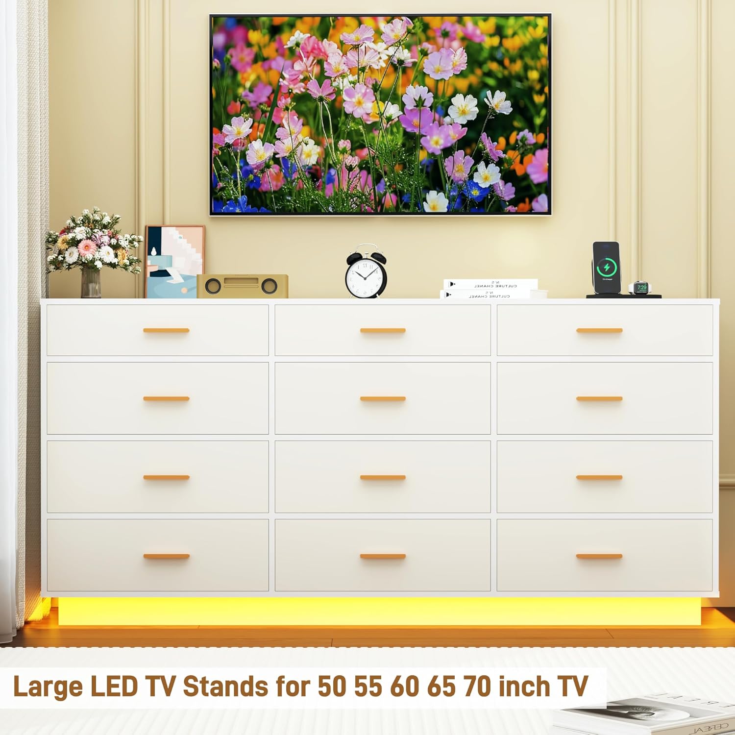 Blotout 12 Drawers Dresser w/Power Outlet, 60000 Colors Lights, 63''Long Wooden Dresser Chest w/Anti-toppling Design, Metal Handles Dresser for Living Room, Hallway, Entryway, Bedroom