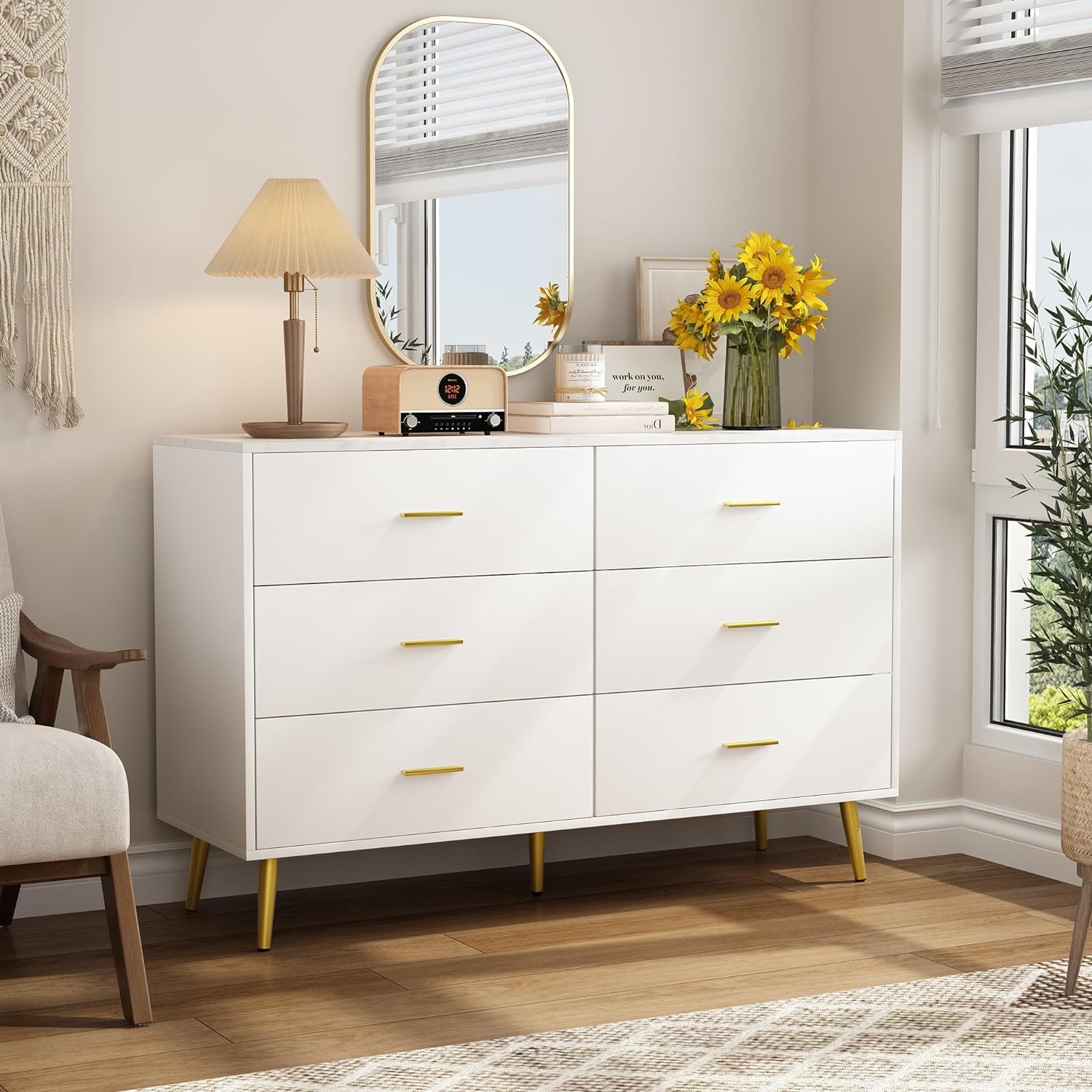 7 Drawer Dresser For Bedroom, 55-inch Marble and Gold Dresser Chest of Drawers Wood Bedroom Organizer