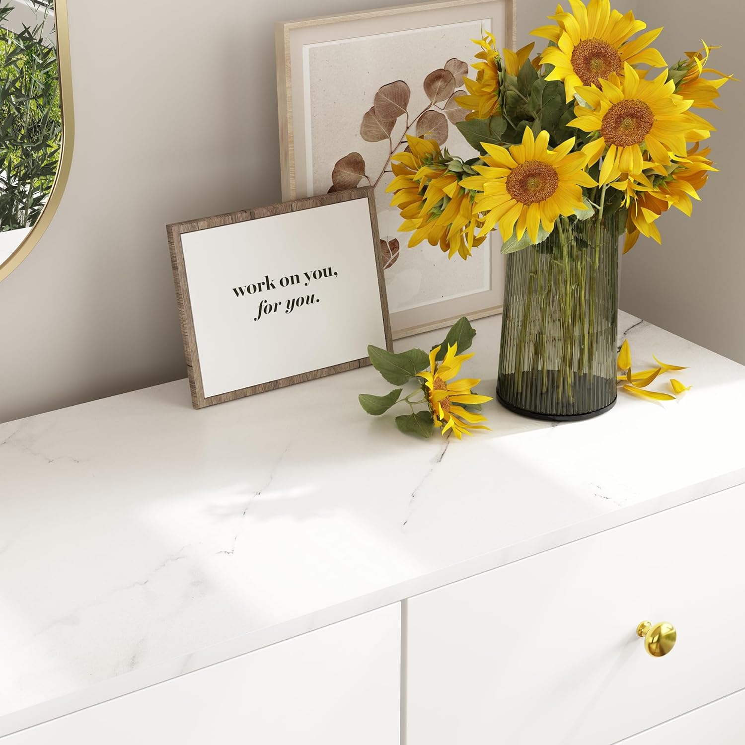 7 Drawer Dresser For Bedroom, 55-inch Marble and Gold Dresser Chest of Drawers Wood Bedroom Organizer