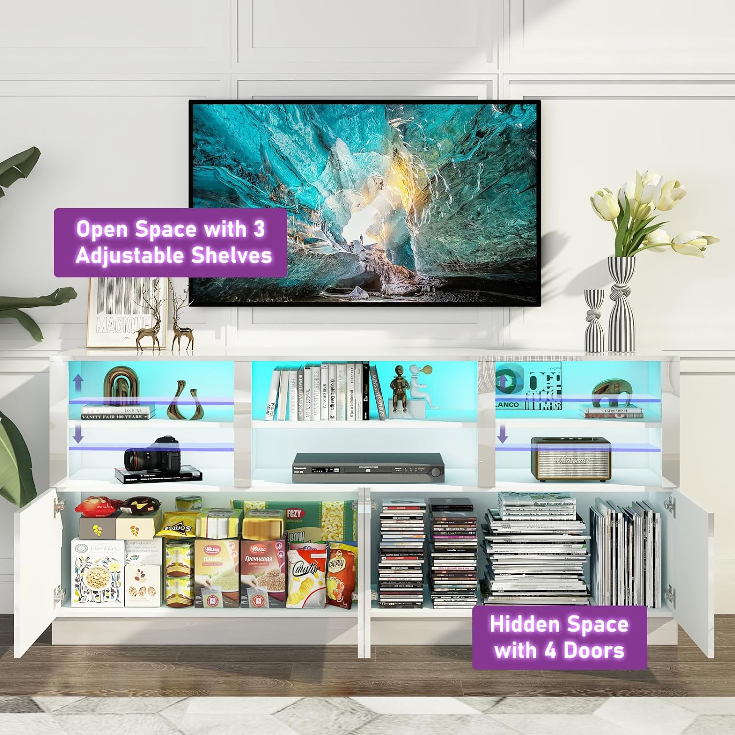 70 Inch LED TV Stand for 75/80/85 Inch TV,Modern Gaming Entertainment Center with Storage Shelves and Doors,High Gloss TV Media Console for Living Room,RGB LED Lights,Black