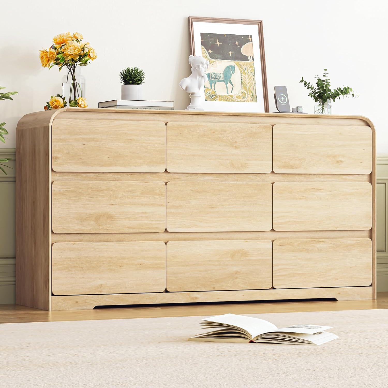 ANPOO Modern 9 Drawers Dresser for Bedroom, 63"W Dressers & Chest of Drawers w/Power Outlet, Curved Profile Design, Wood Mid Century Storage Cabinet, Natural Texture, for Bedroom