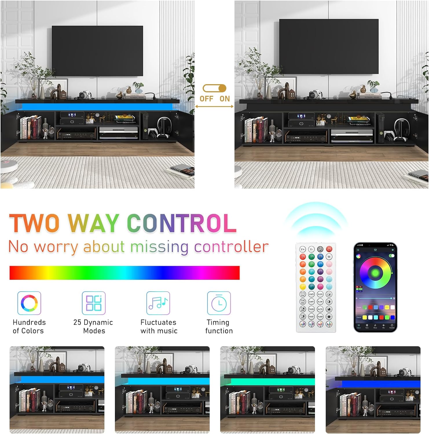 Blotout LED TV Stand for 75 Inch TV, Modern TV Stand with Power Outlet, High Gloss TV Console Entertainment Center with Storage and LED Lights for Living Room, Bedroom (66 Inch, White)