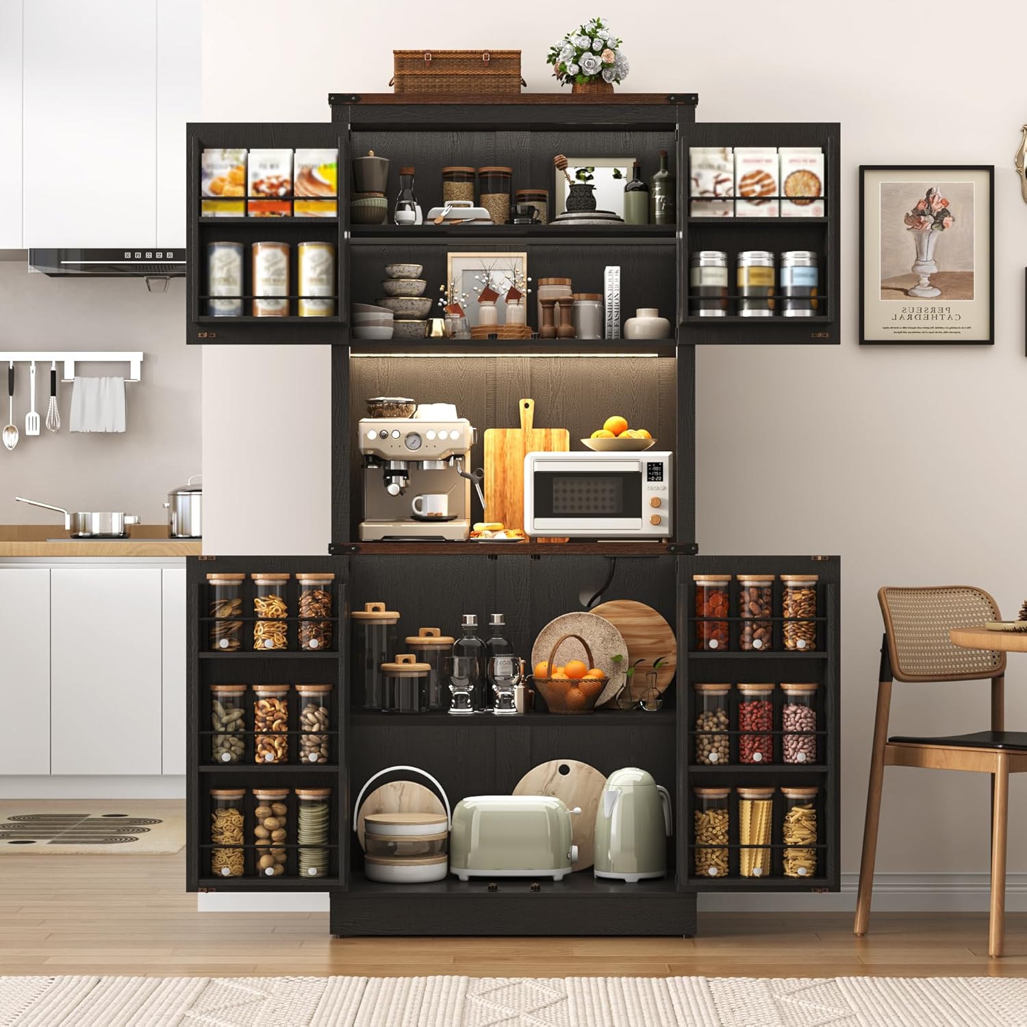 Tall Farmhouse Kitchen Pantry Cabinet with 10 Side Shelves and LED Light&Power Outlet,5 Layers Pantry Storage Cabinet with Barn Doors&Load-Bearing Steel Pipe for Dining Room,Living Room