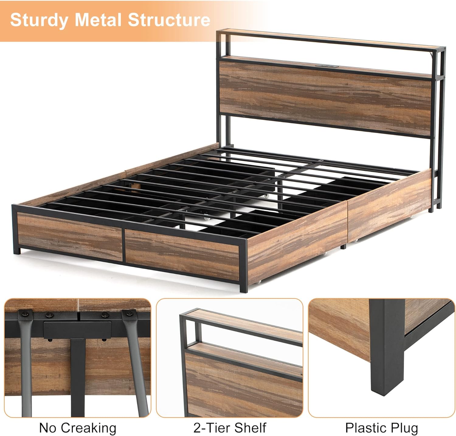 Blotout Full Bed Frame with 3 USB Ports & Led Lights, Platform Metal Bed Frame with 4 Storage Drawers and Headboard, No Box Spring Needed, Easy Assembly, Noise-Free,Vintage Brown