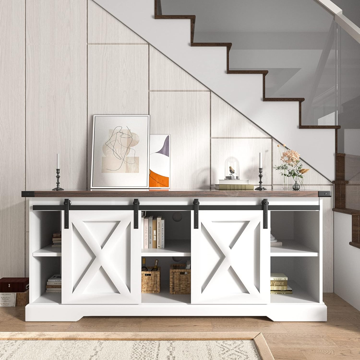 Blotout Farmhouse Buffet Cabinet Sideboard with Sliding Barn Doors, Rustic Coffee Bar Cabinet Server with Storage and Adjustable Shelves, Cupboard Table for Kitchen Dining Room Living Room, White