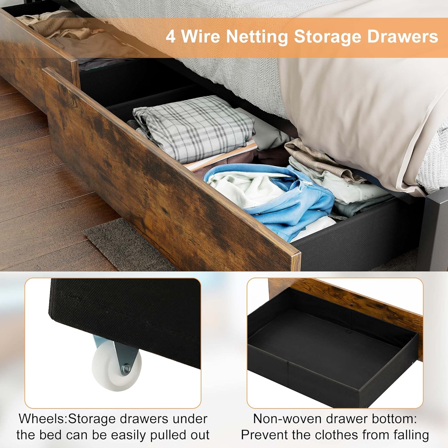 Blotout Full Bed Frame with 3 USB Ports & Led Lights, Platform Metal Bed Frame with 4 Storage Drawers and Headboard, No Box Spring Needed, Easy Assembly, Noise-Free,Vintage Brown