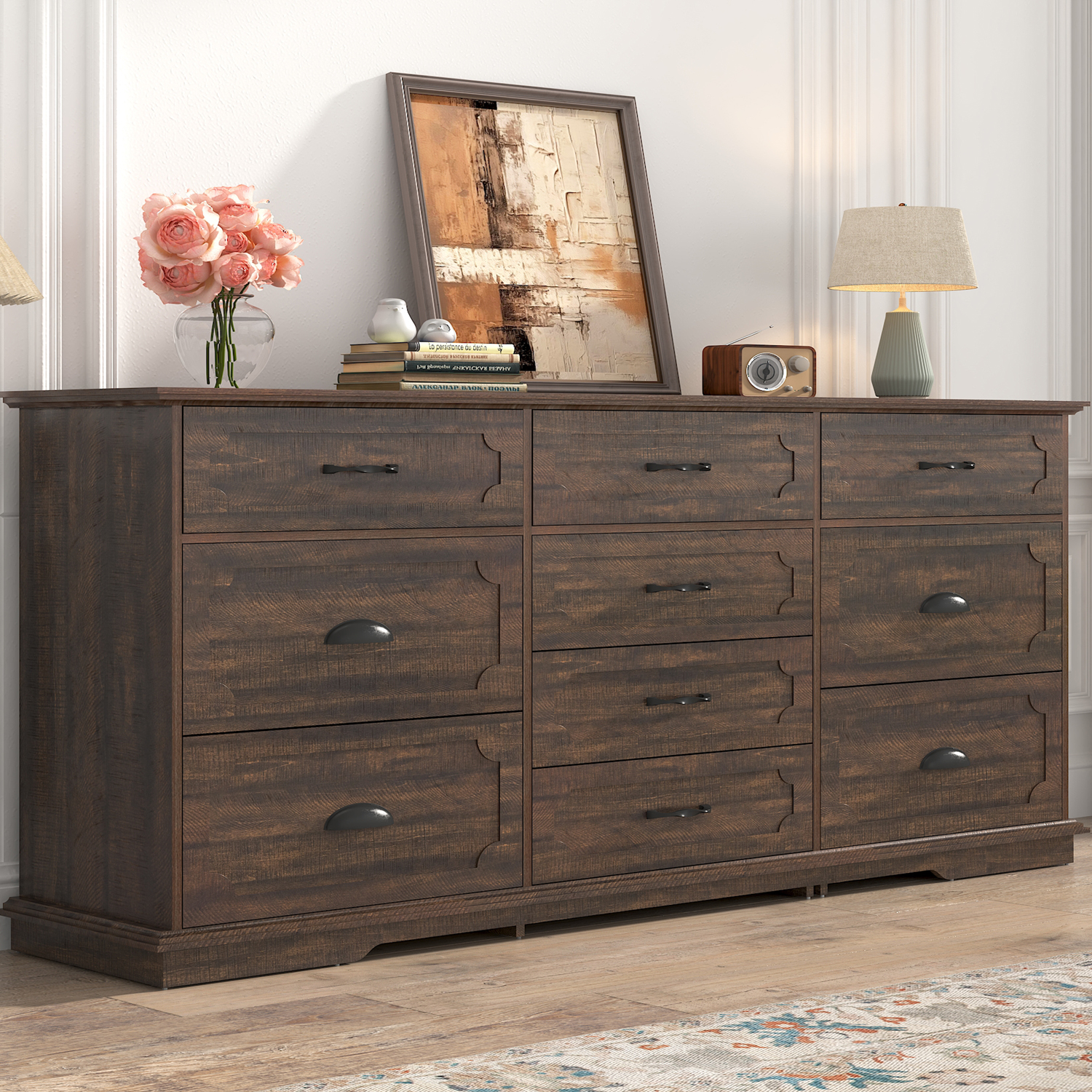 Blotout 70" Large Long Dresser, Luxury 10 Drawer Dresser with Deep Big Drawers, Dressers TV Stand with Charging Station, Wooden Chest of Drawers Brown Dresser for Bedroom