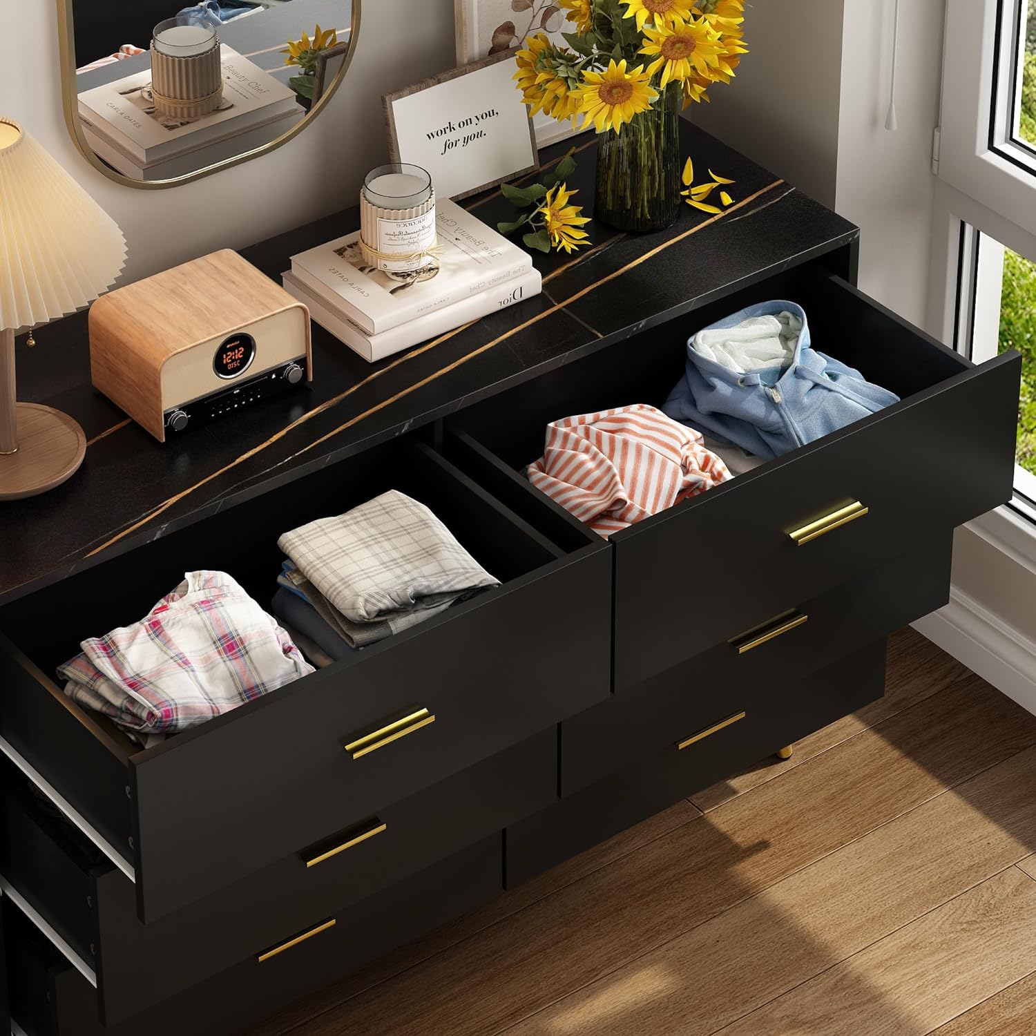 7 Drawer Dresser For Bedroom, 55-inch Marble and Gold Dresser Chest of Drawers Wood Bedroom Organizer