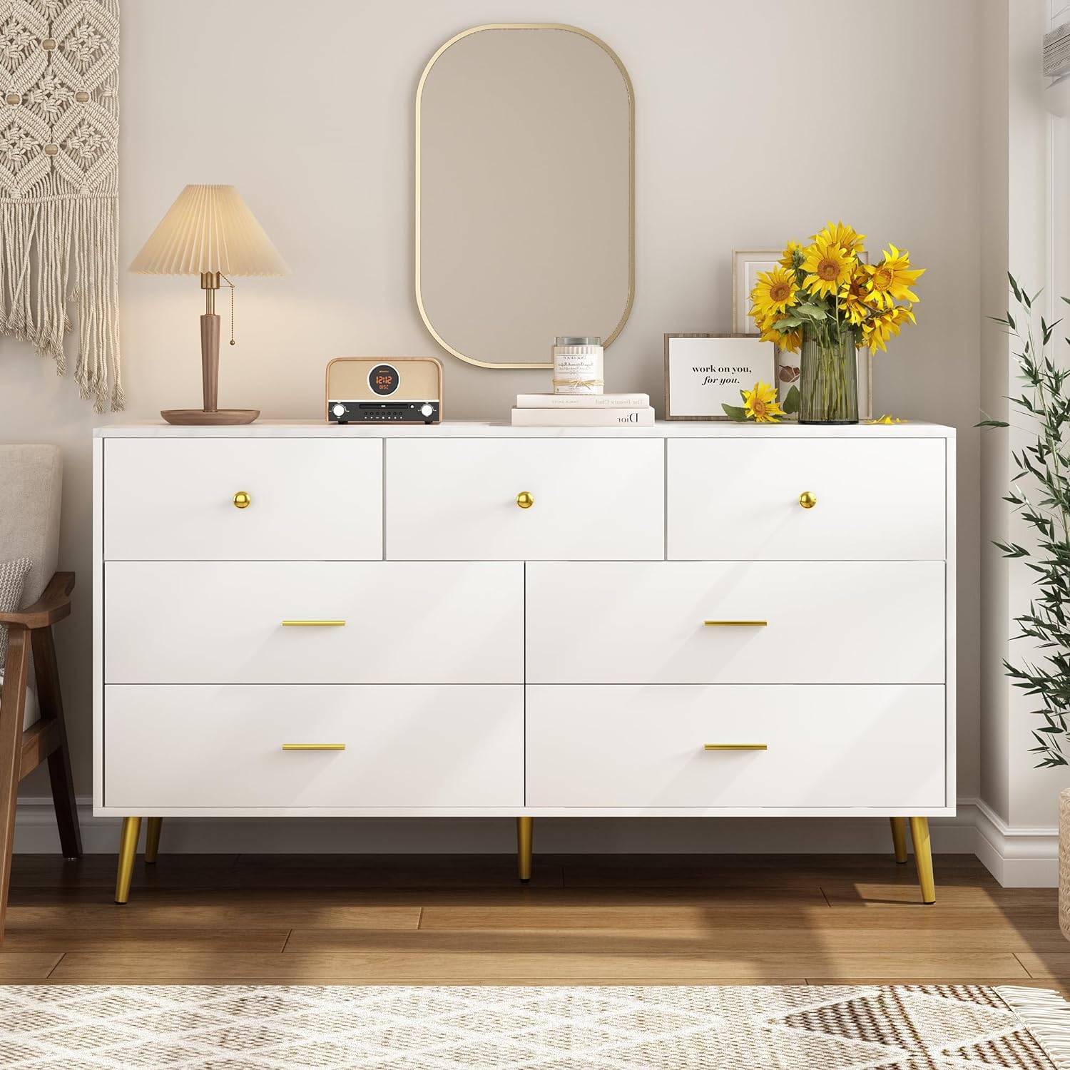 7 Drawer Dresser For Bedroom, 55-inch Marble and Gold Dresser Chest of Drawers Wood Bedroom Organizer