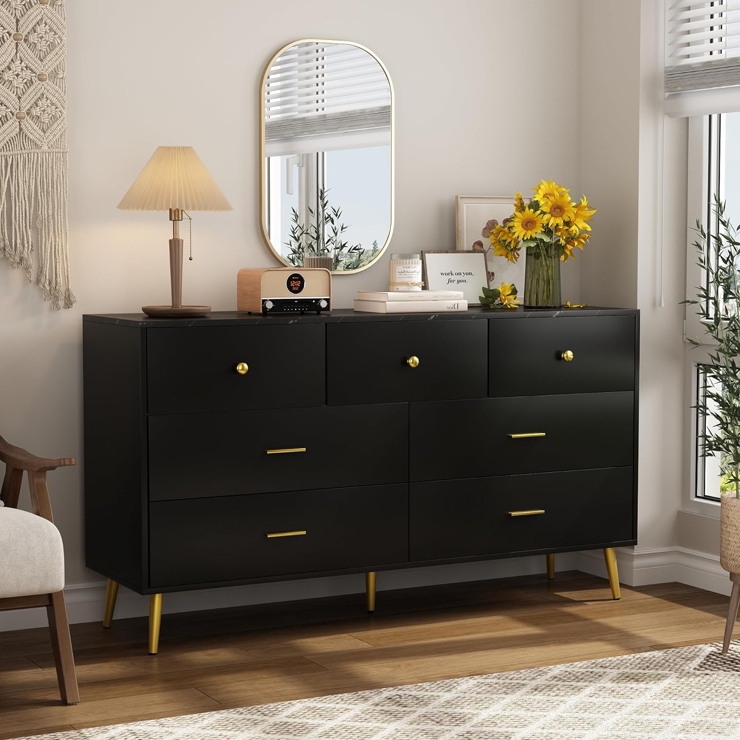 7 Drawer Dresser For Bedroom, 55-inch Marble and Gold Dresser Chest of Drawers Wood Bedroom Organizer