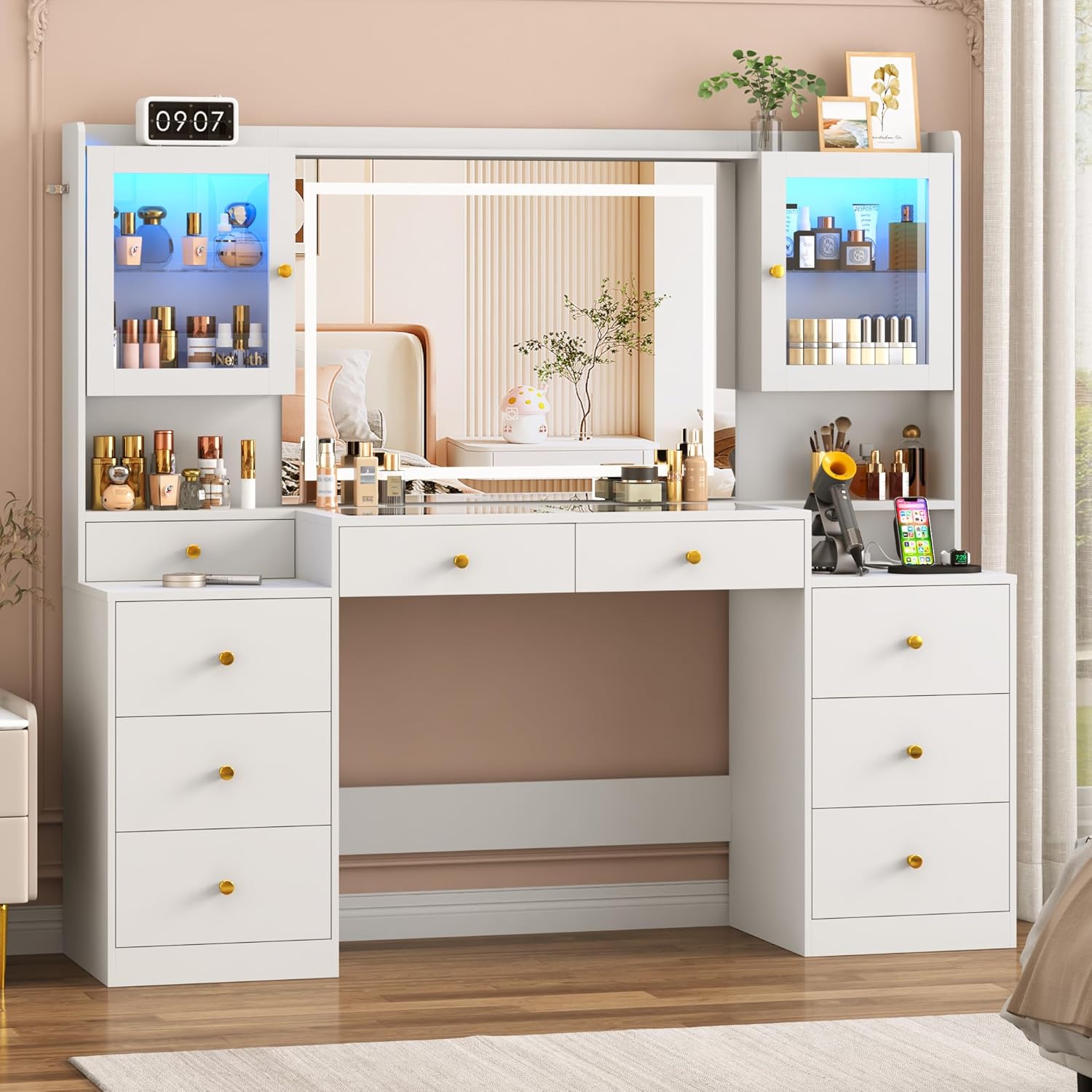 Blotout 62'' Large Vanity Desk with 2 RGB Glass Cabinets, Power Outlet, Glass Top, 9 Drawers, 3 Lights Mode LED Mirror, Pink Bedroom Makeup Vanity for Women, Girls