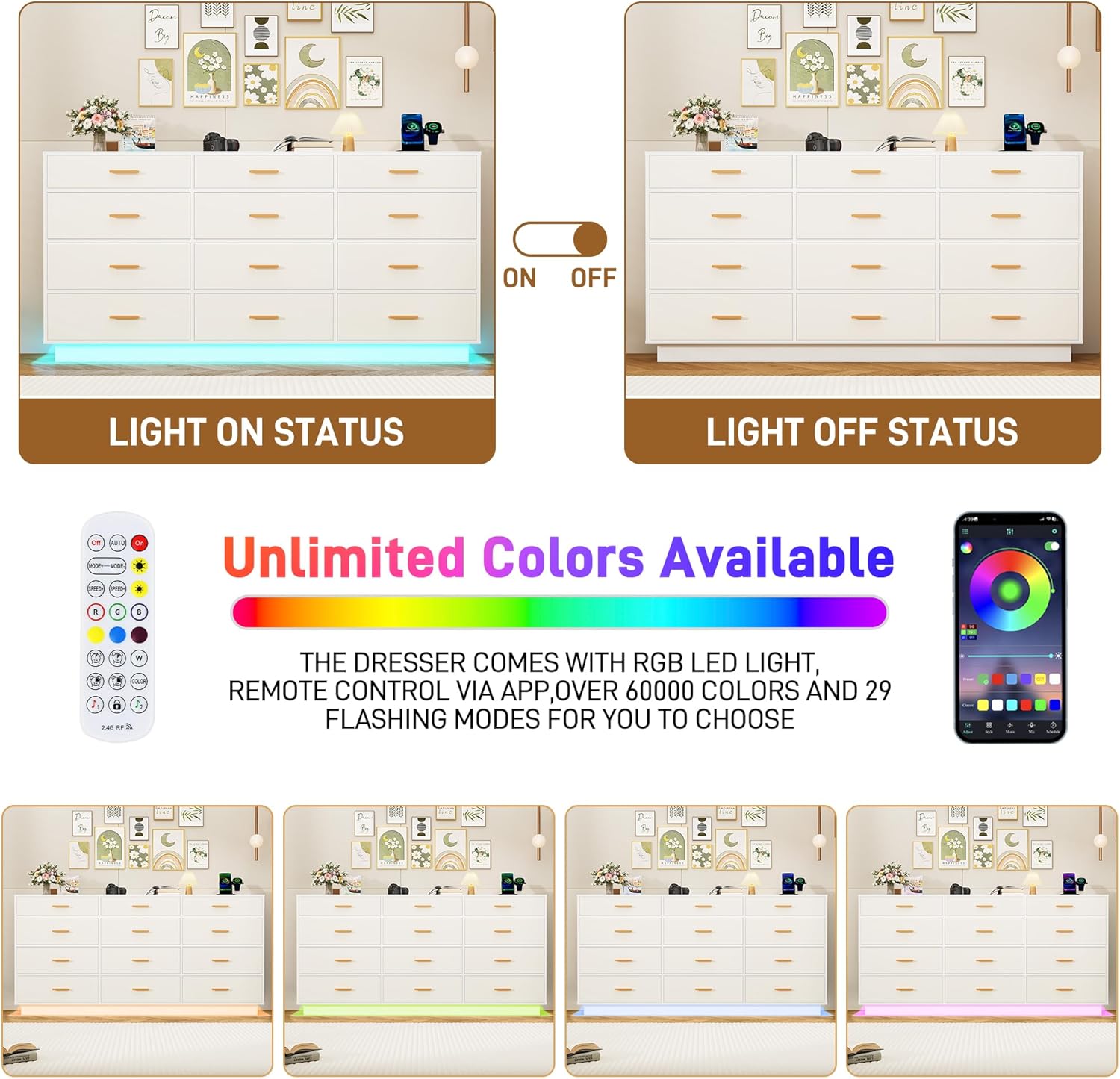 Blotout 12 Drawers Dresser w/Power Outlet, 60000 Colors Lights, 63''Long Wooden Dresser Chest w/Anti-toppling Design, Metal Handles Dresser for Living Room, Hallway, Entryway, Bedroom