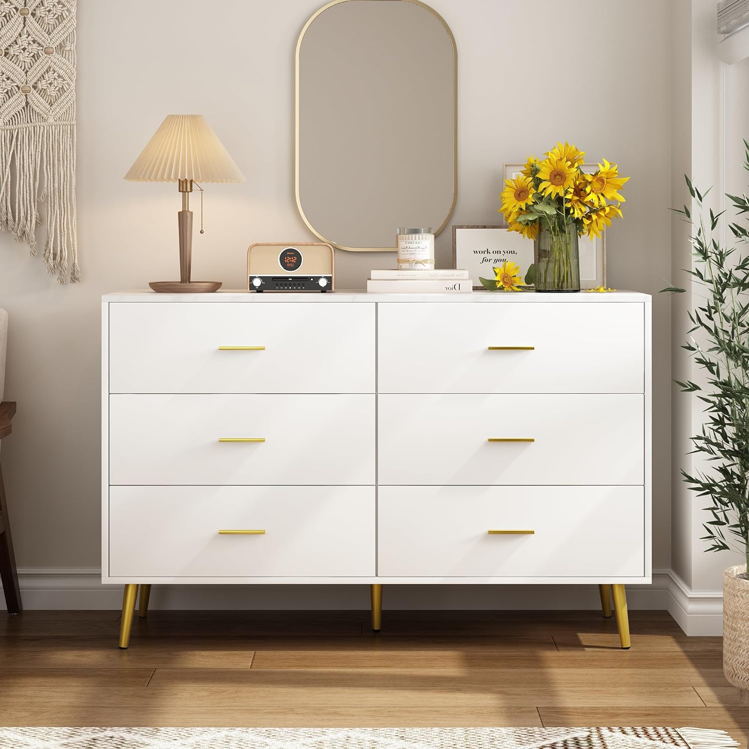 7 Drawer Dresser For Bedroom, 55-inch Marble and Gold Dresser Chest of Drawers Wood Bedroom Organizer