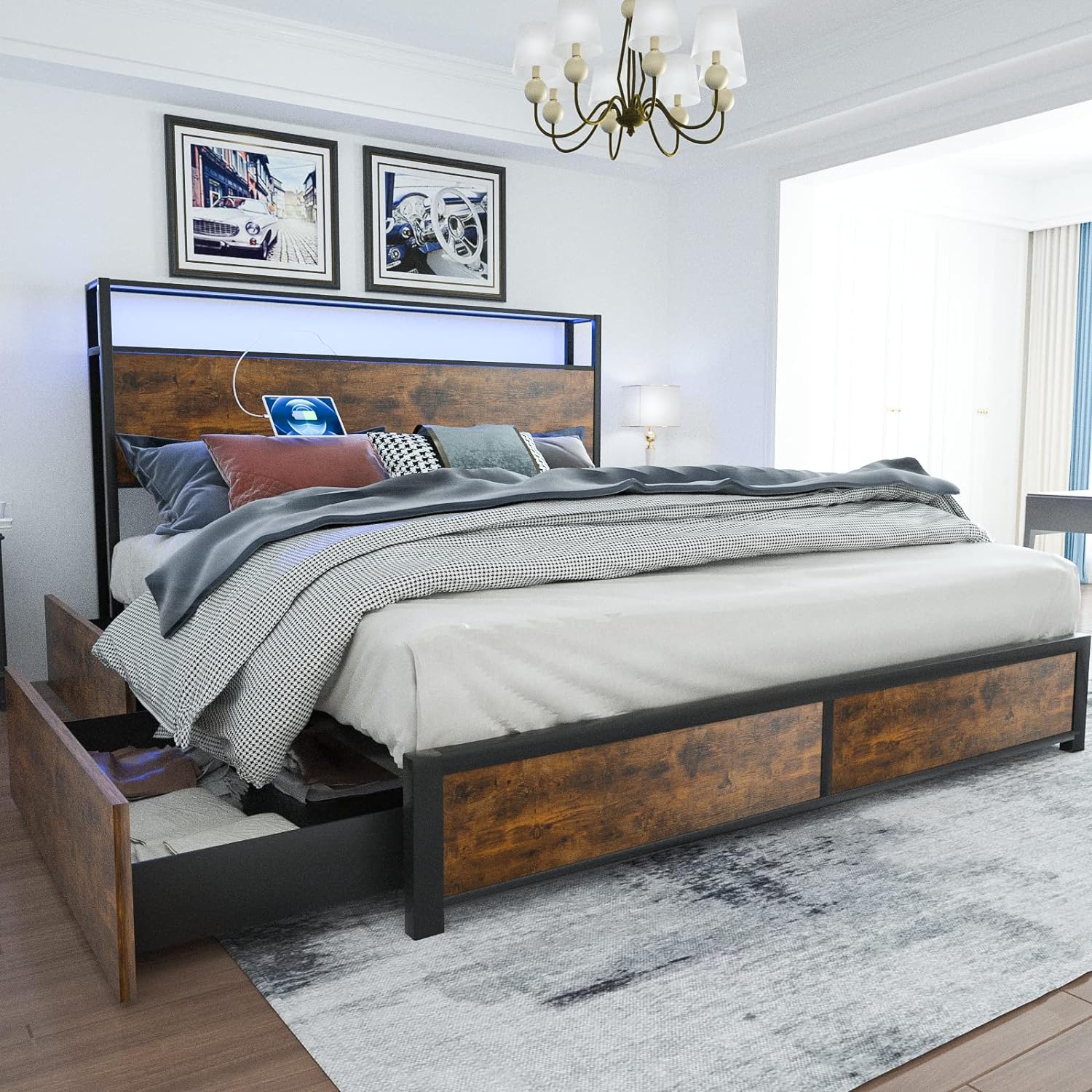 Blotout Full Bed Frame with 3 USB Ports & Led Lights, Platform Metal Bed Frame with 4 Storage Drawers and Headboard, No Box Spring Needed, Easy Assembly, Noise-Free,Vintage Brown