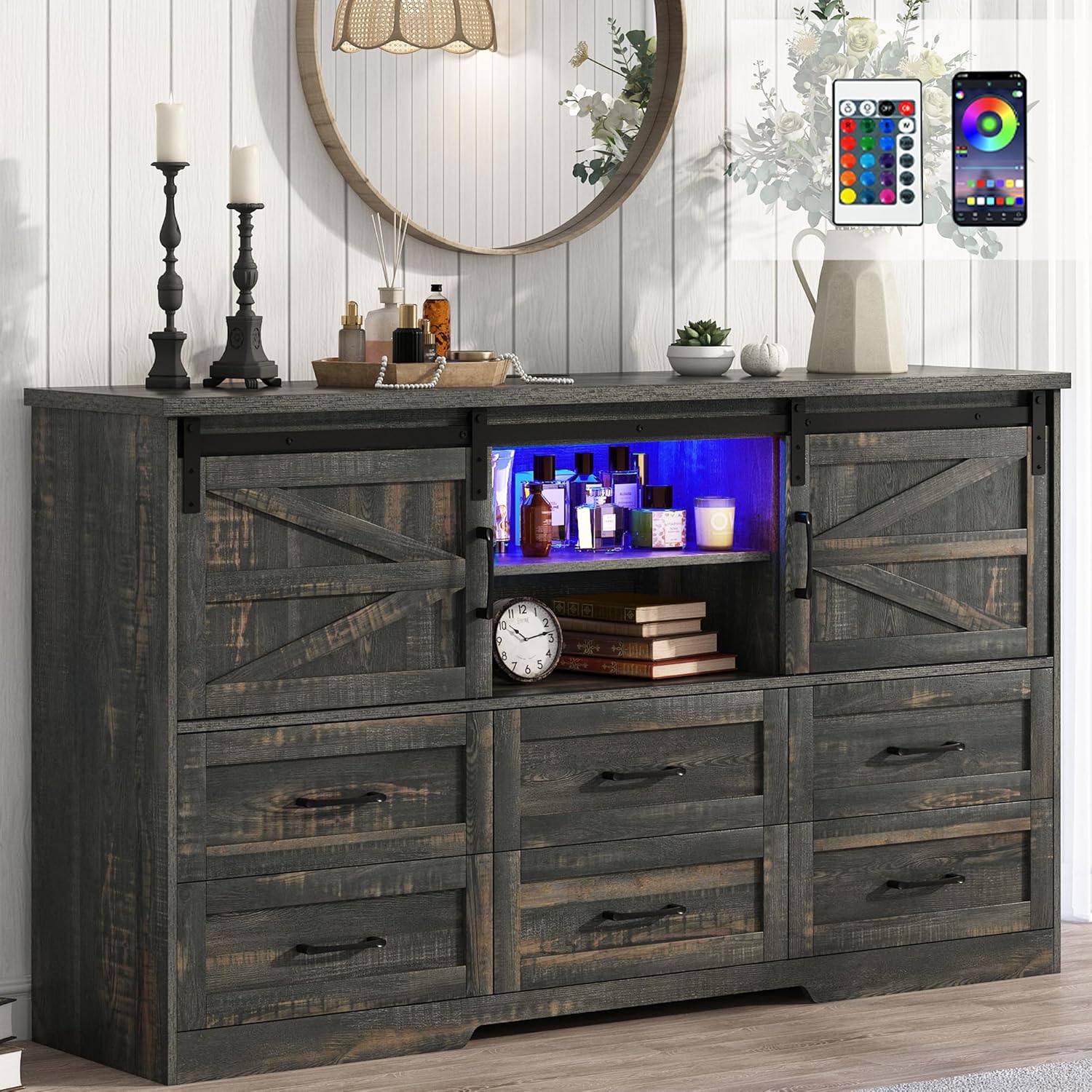 Blotout 63'' LED Farmhouse TV Stand for 70in TV, Dresser TV Stand for Living Room, Farmhouse 6 Drawer Dresser for Bedroom with led light, Tall Entertainment Center Storage Cabinets w/Power Outlets