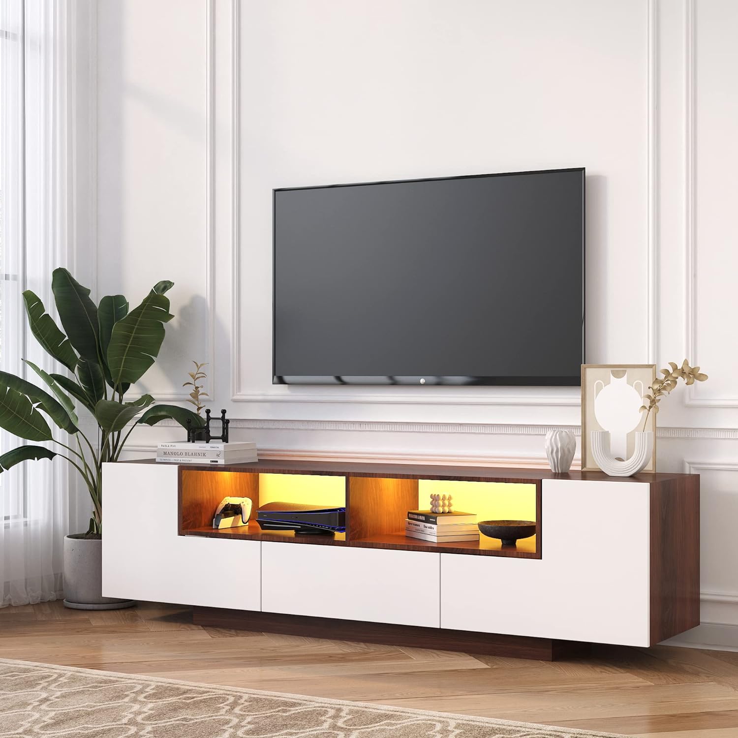 70 Inch LED TV Stand for 75 Inch TV, Large Entertainment Center with Storage Cabinets and Open Shelves, Modern TV Console for Living Room, Bedroom(Walnut& White)