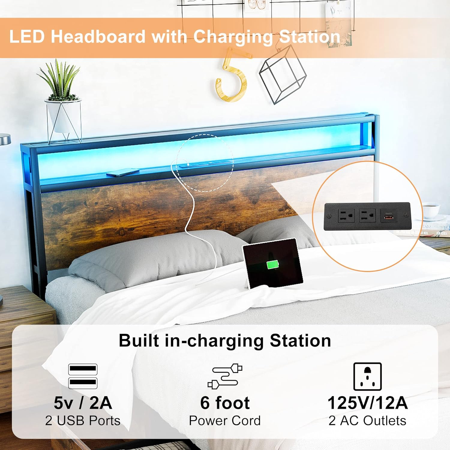 Blotout Full Bed Frame with 3 USB Ports & Led Lights, Platform Metal Bed Frame with 4 Storage Drawers and Headboard, No Box Spring Needed, Easy Assembly, Noise-Free,Vintage Brown