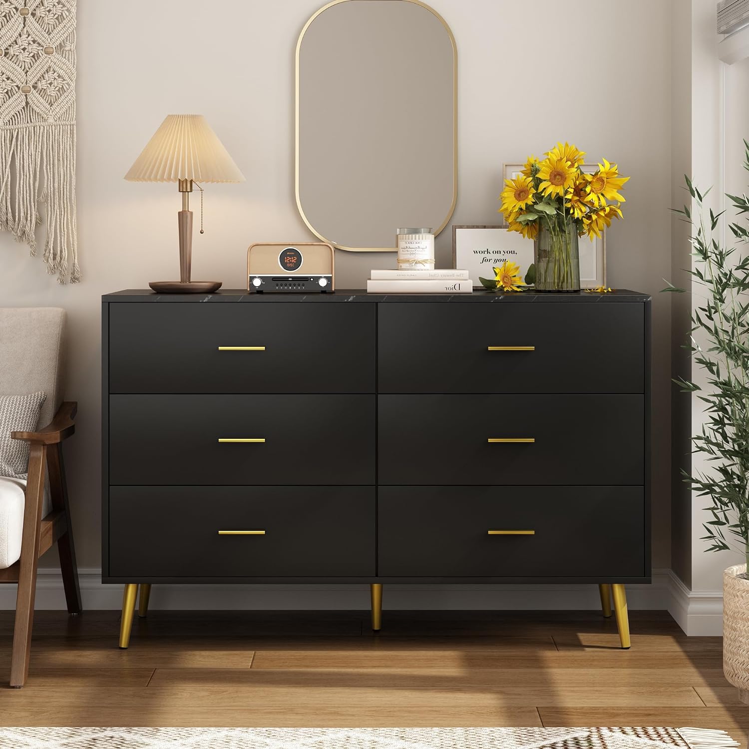 7 Drawer Dresser For Bedroom, 55-inch Marble and Gold Dresser Chest of Drawers Wood Bedroom Organizer