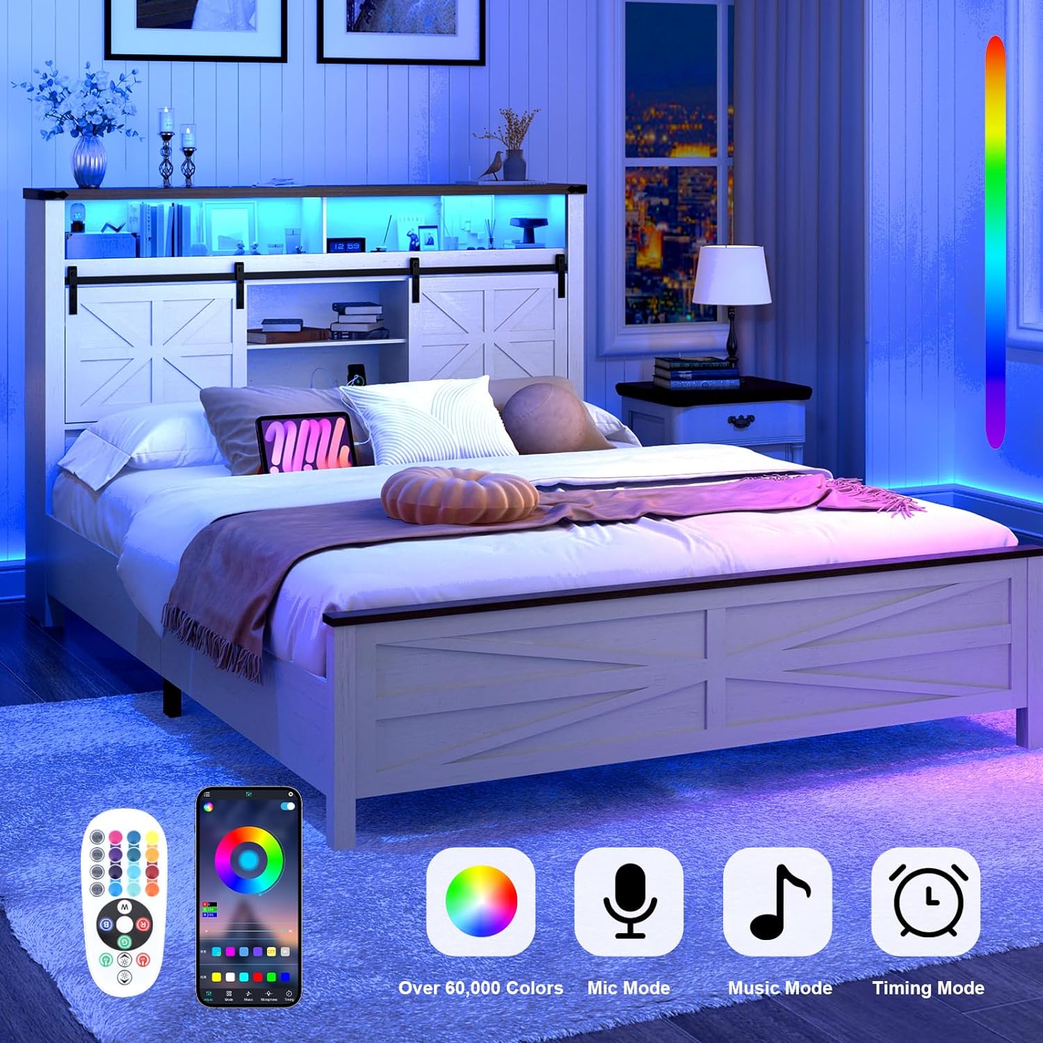 Farmhouse Queen Size Bed Frame with LED Light & Charging Station, Sliding Barn Door Storage Headboard