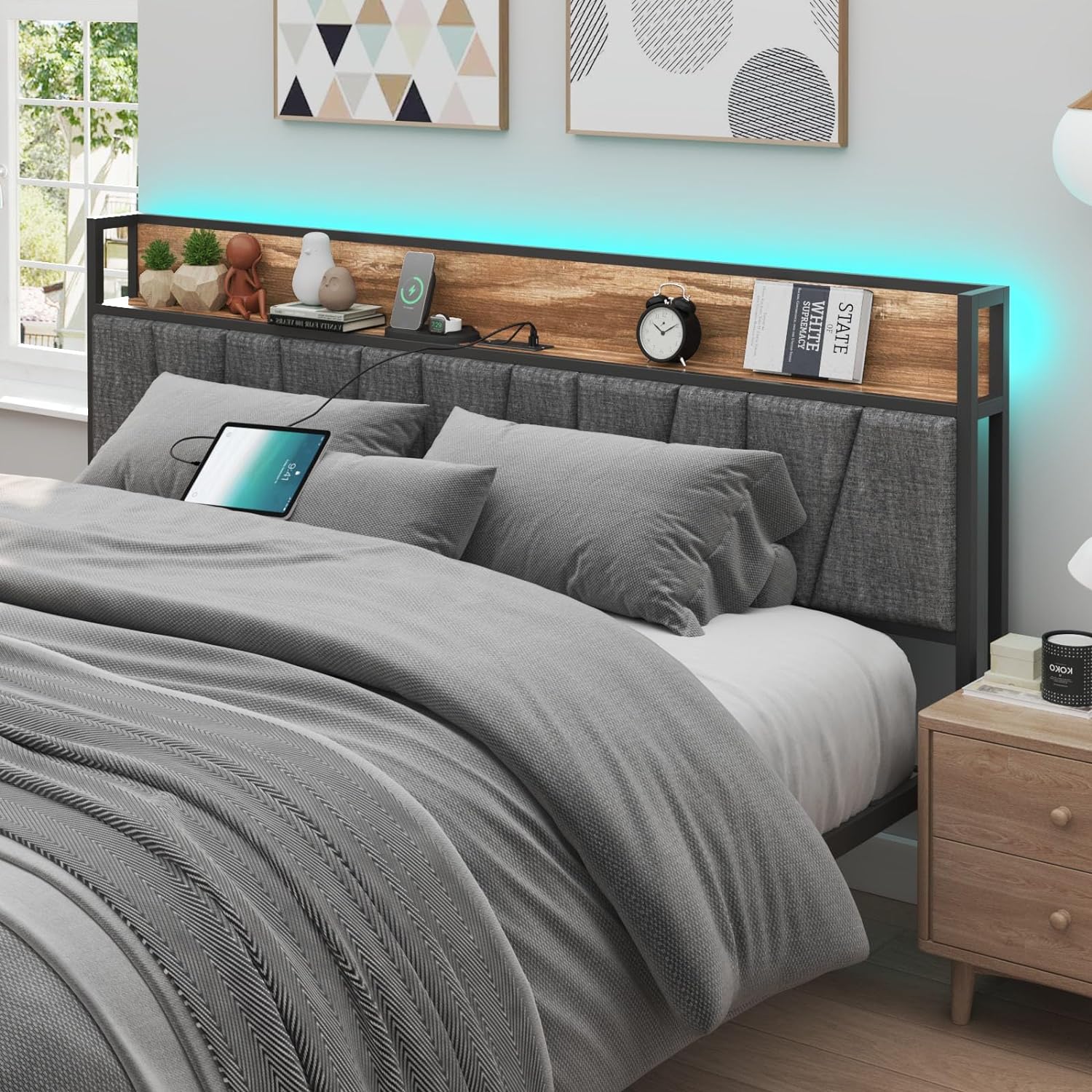 Blotout LED Full Size Bed Frame with Outlets & USB/Type-C Port and Storage Headboard, Metal Platform Bed with Charging Station and for Bedroom, No Box Spring Needed, Rustic Brown