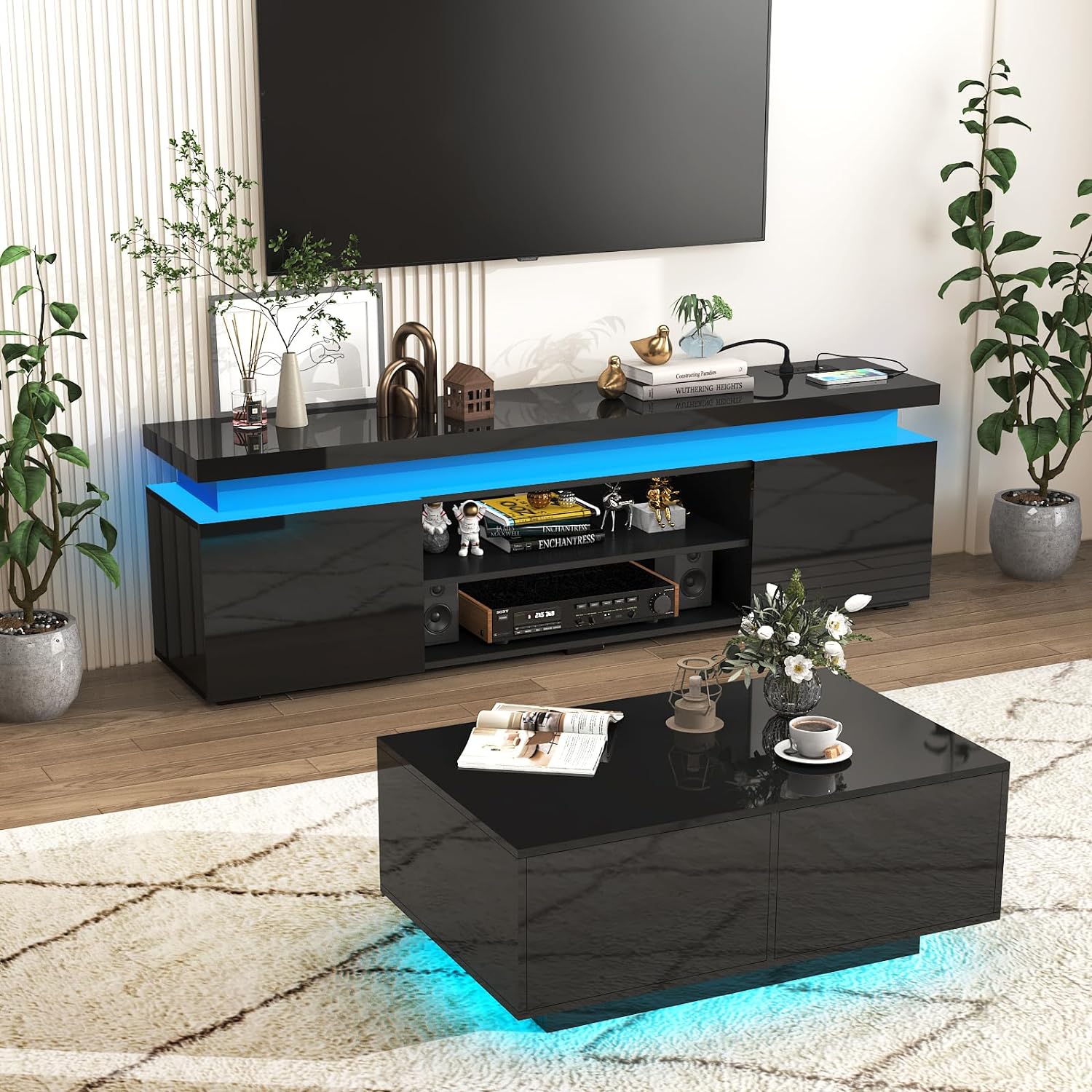 LED TV Stand for 85 Inch TV, Modern TV Stand with Power Outlet, High Gloss TV Console Entertainment Center with Storage and LED Lights for Living Room, Bedroom (74 Inch, Black)