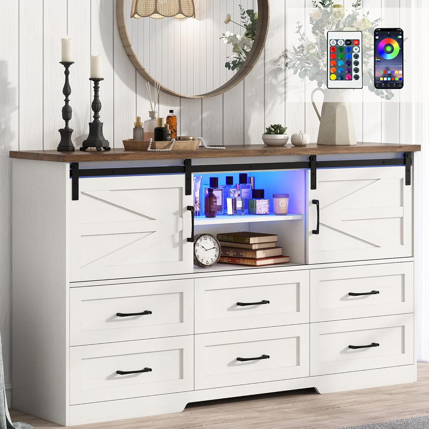 Blotout 63'' LED Farmhouse TV Stand for 70in TV, Dresser TV Stand for Living Room, Farmhouse 6 Drawer Dresser for Bedroom with led light, Tall Entertainment Center Storage Cabinets w/Power Outlets